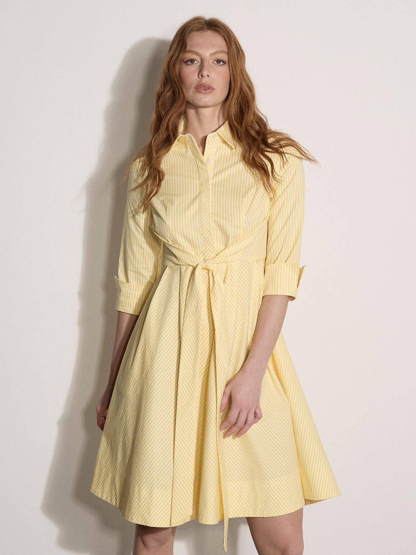 Apricot Tie Front Stripe Cotton Shirt Dress- Yellow