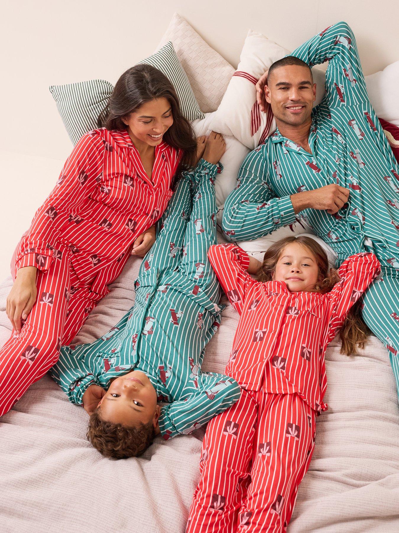 Image 1 of 7 of The Very Collection Mens Family Christmas Pyjama Stripe Present Jersey Revere Set - Green