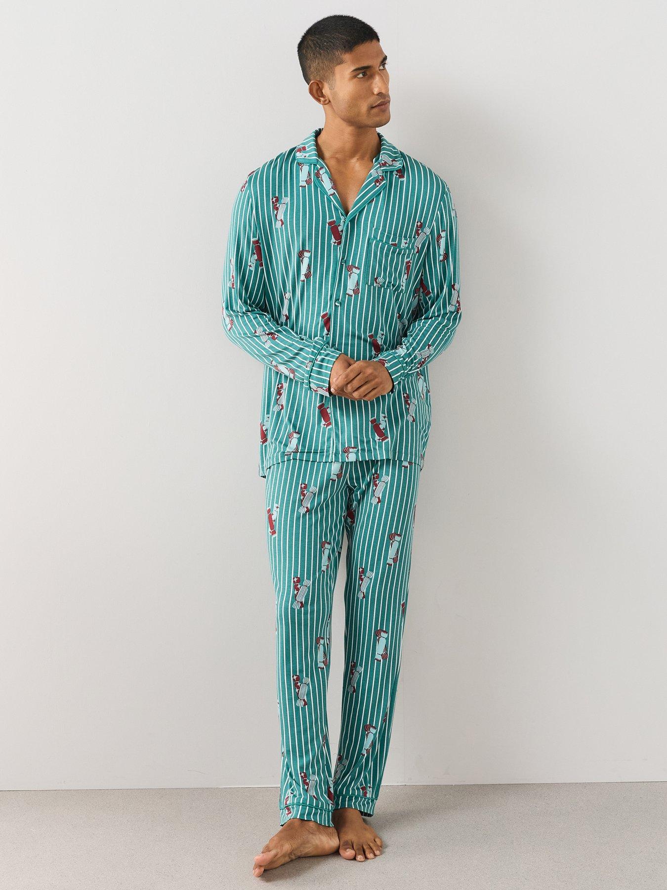 Image 2 of 7 of The Very Collection Mens Family Christmas Pyjama Stripe Present Jersey Revere Set - Green