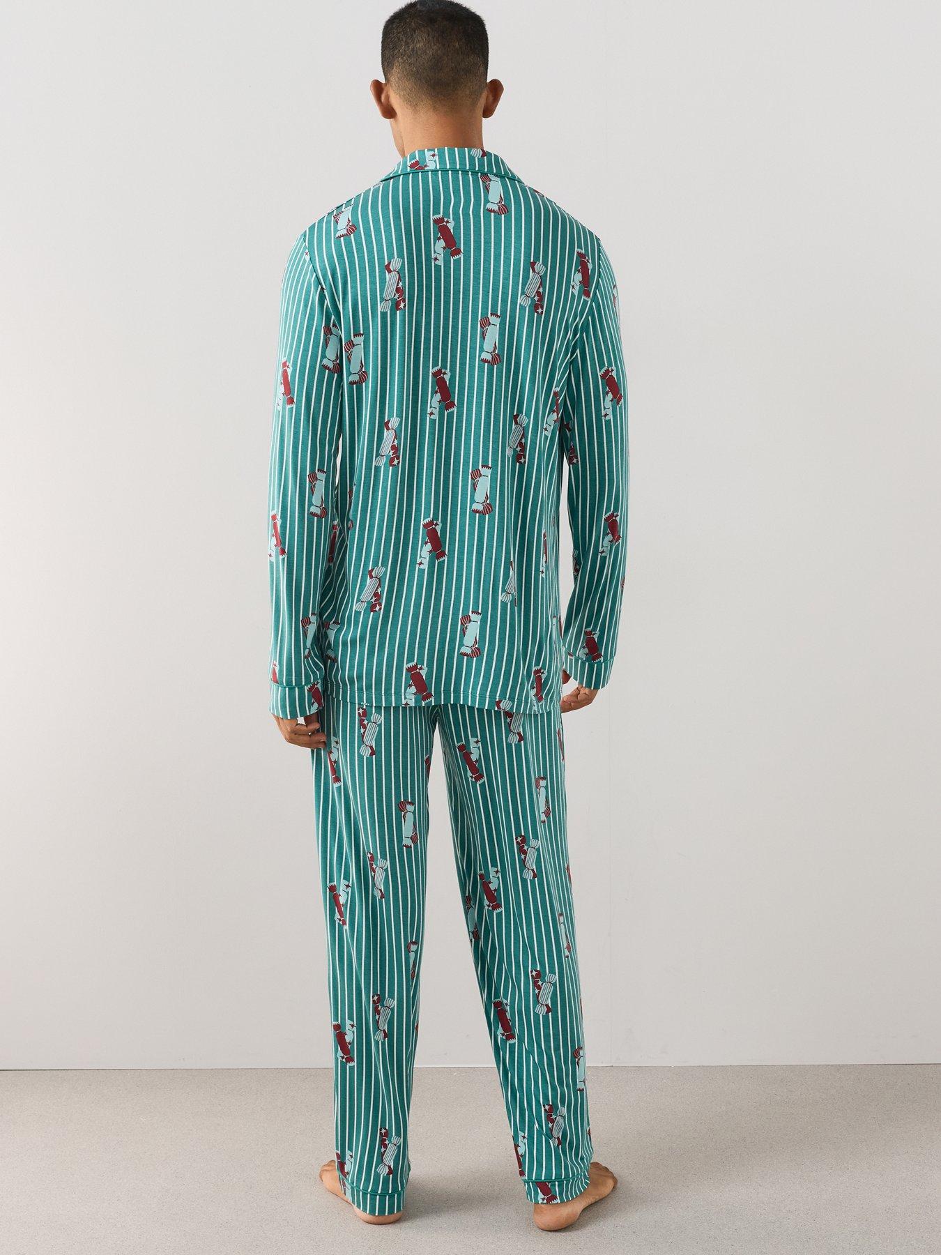 Image 3 of 7 of The Very Collection Mens Family Christmas Pyjama Stripe Present Jersey Revere Set - Green