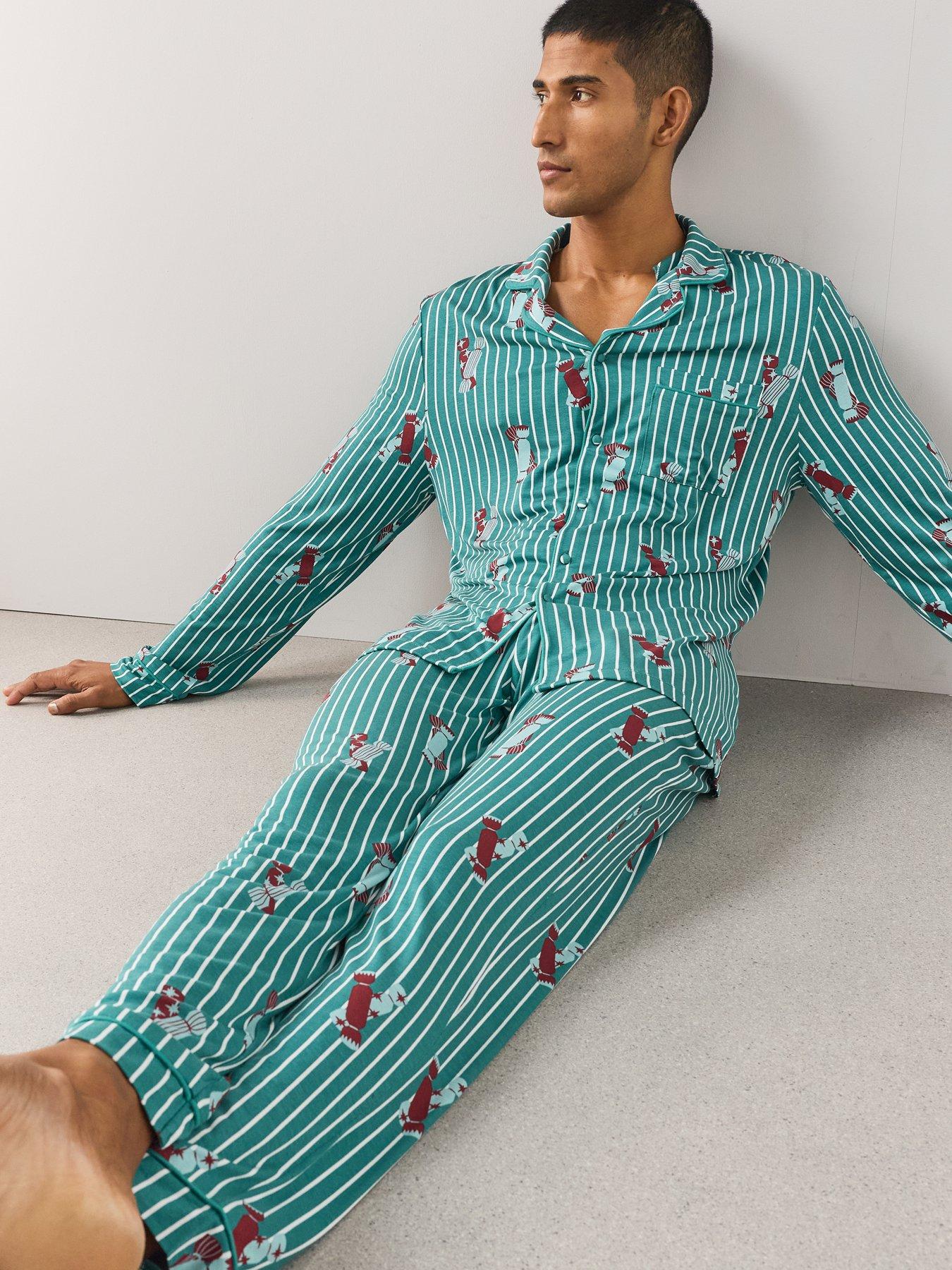 Image 4 of 7 of The Very Collection Mens Family Christmas Pyjama Stripe Present Jersey Revere Set - Green