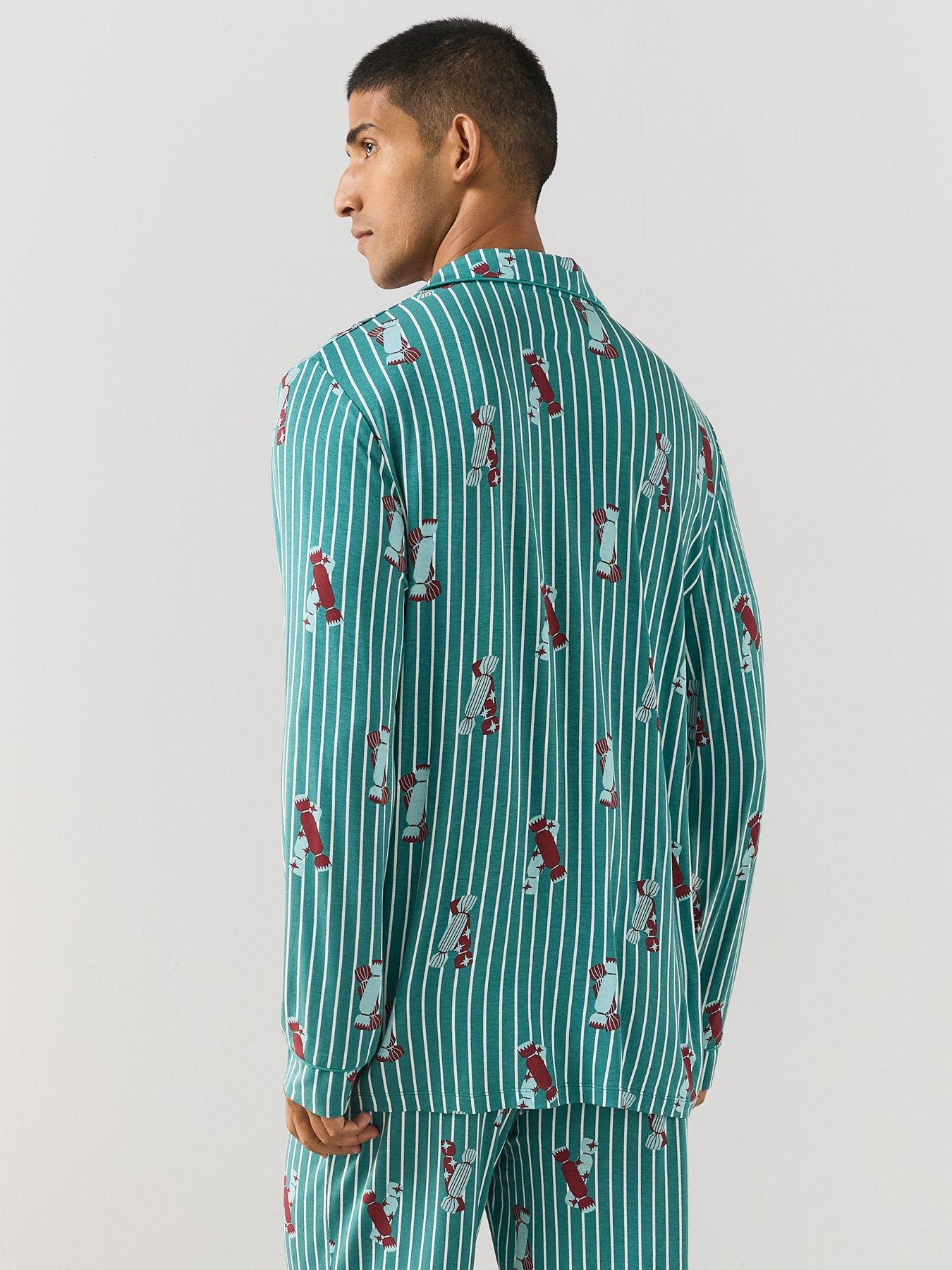 Image 6 of 7 of The Very Collection Mens Family Christmas Pyjama Stripe Present Jersey Revere Set - Green