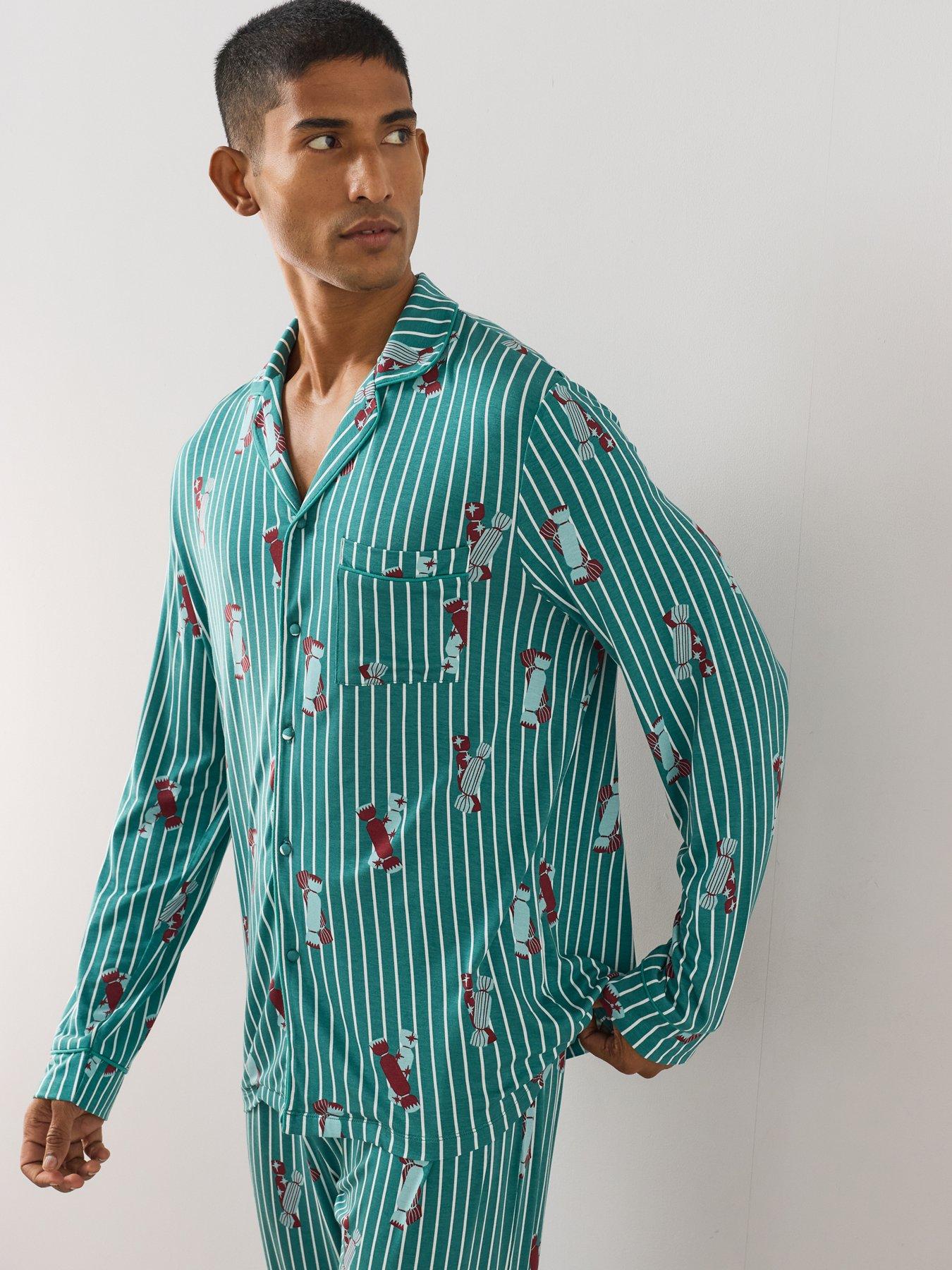 Image 7 of 7 of The Very Collection Mens Family Christmas Pyjama Stripe Present Jersey Revere Set - Green