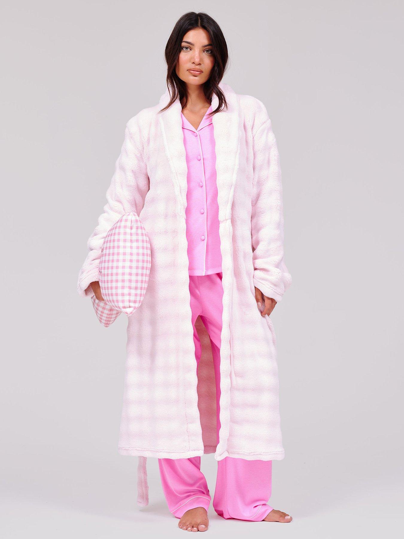 Image 1 of 2 of Loungeable Womens Bubble Cut Shawl Collar Midi Dressing Gown - Pink