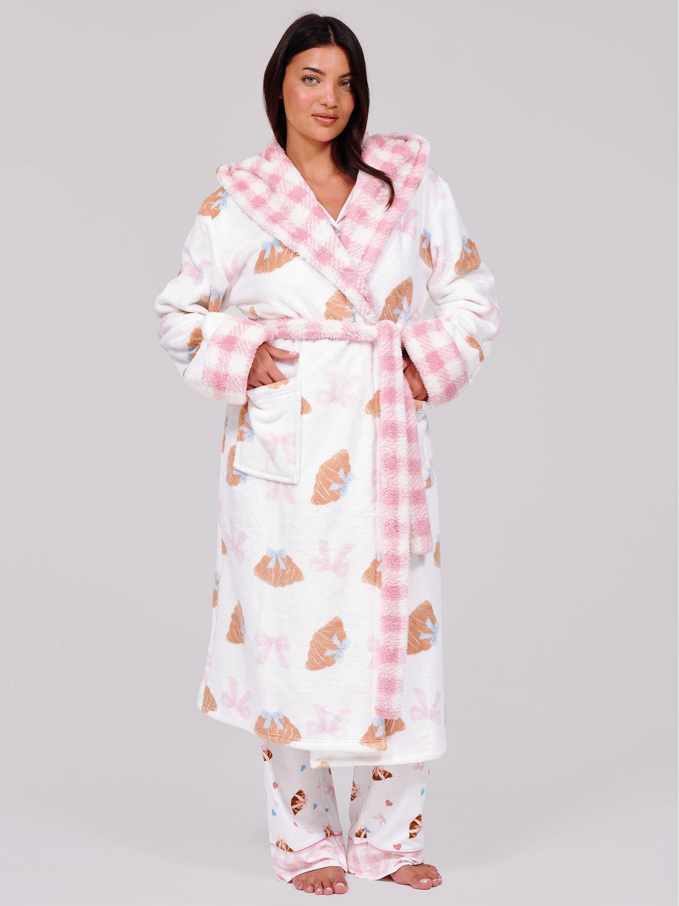 Image 1 of 6 of Loungeable Bow Croissant &amp; Gingham Hooded Midi Robe - Multi