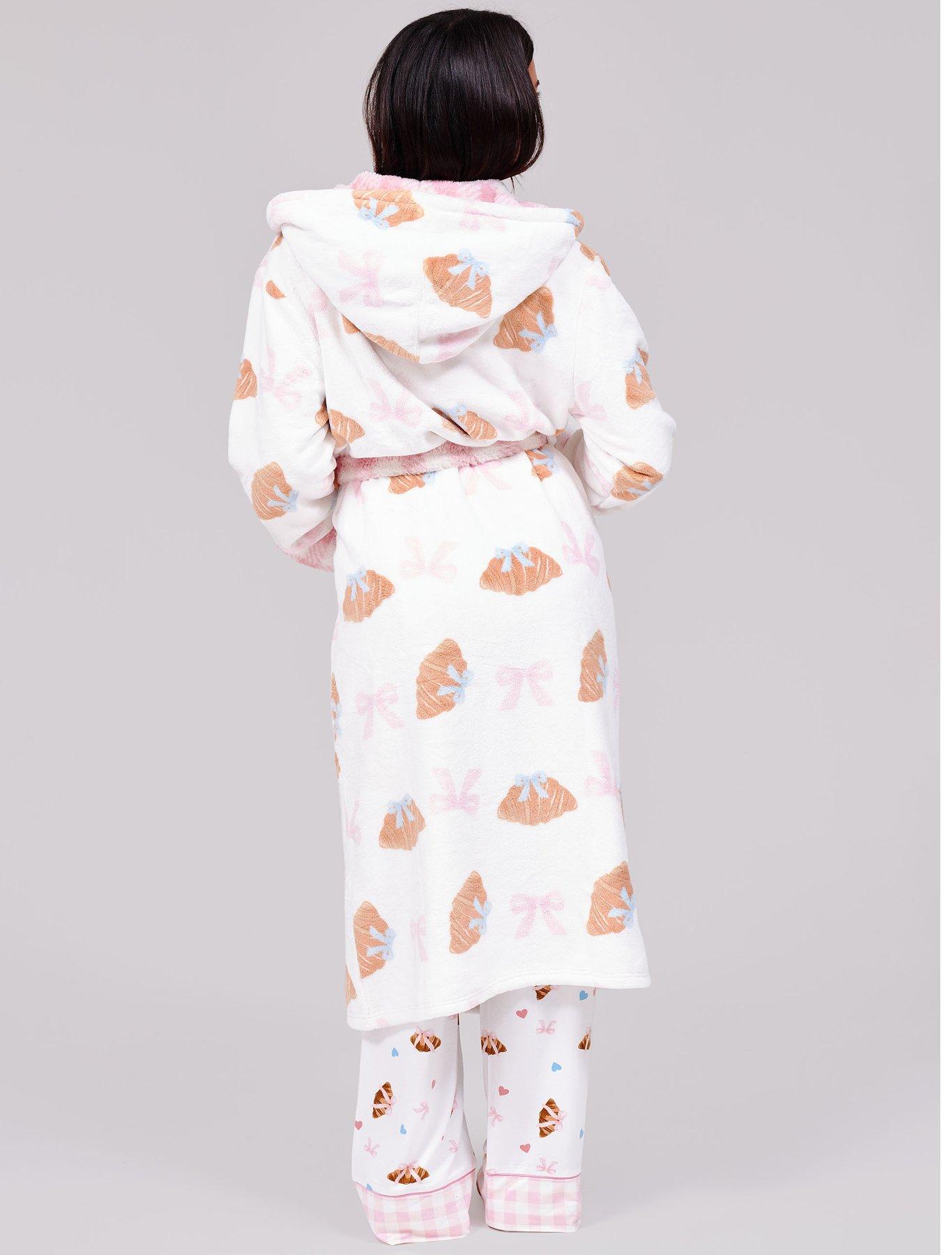 Image 2 of 6 of Loungeable Bow Croissant &amp; Gingham Hooded Midi Robe - Multi