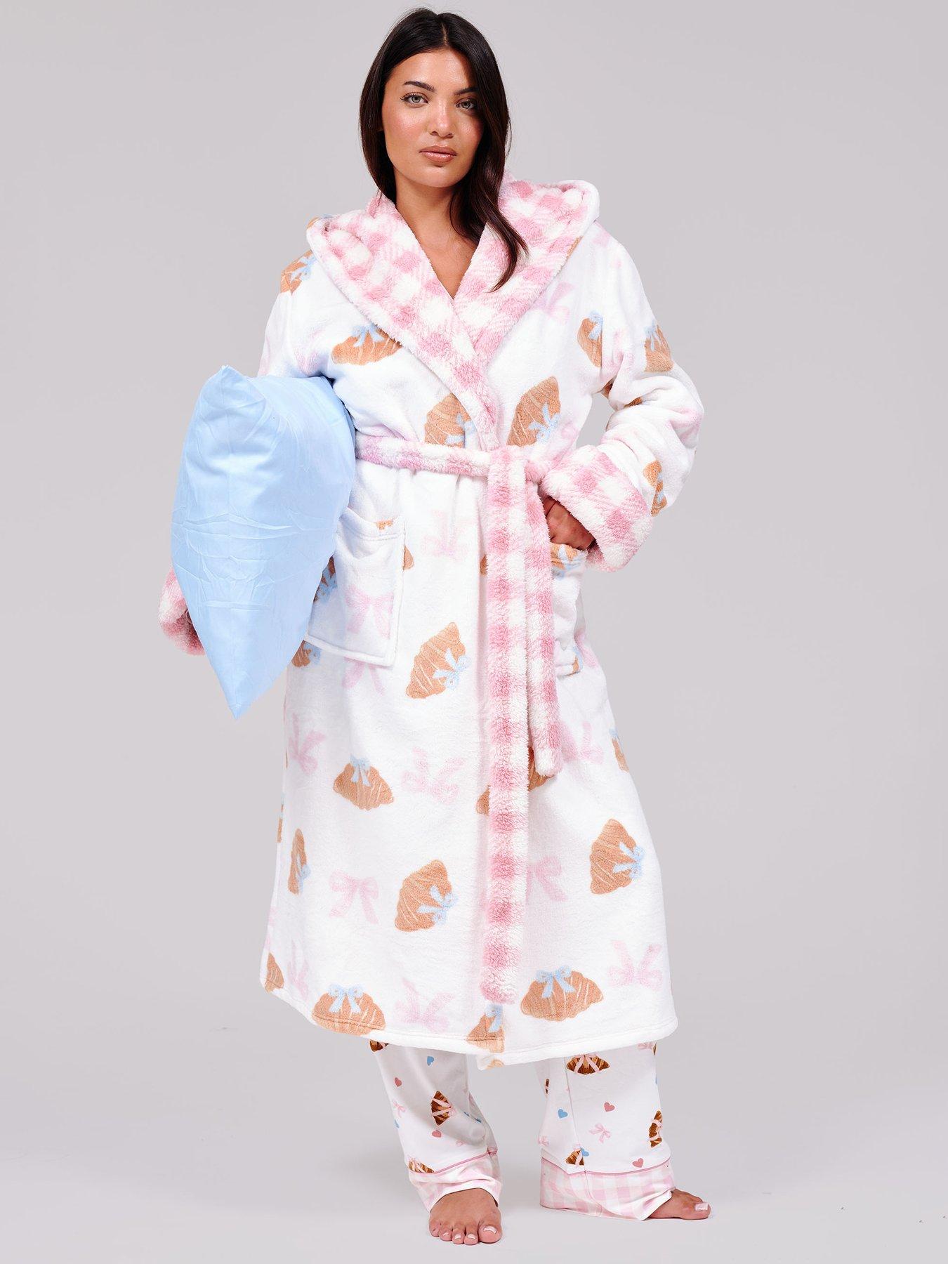 Image 3 of 6 of Loungeable Bow Croissant &amp; Gingham Hooded Midi Robe - Multi