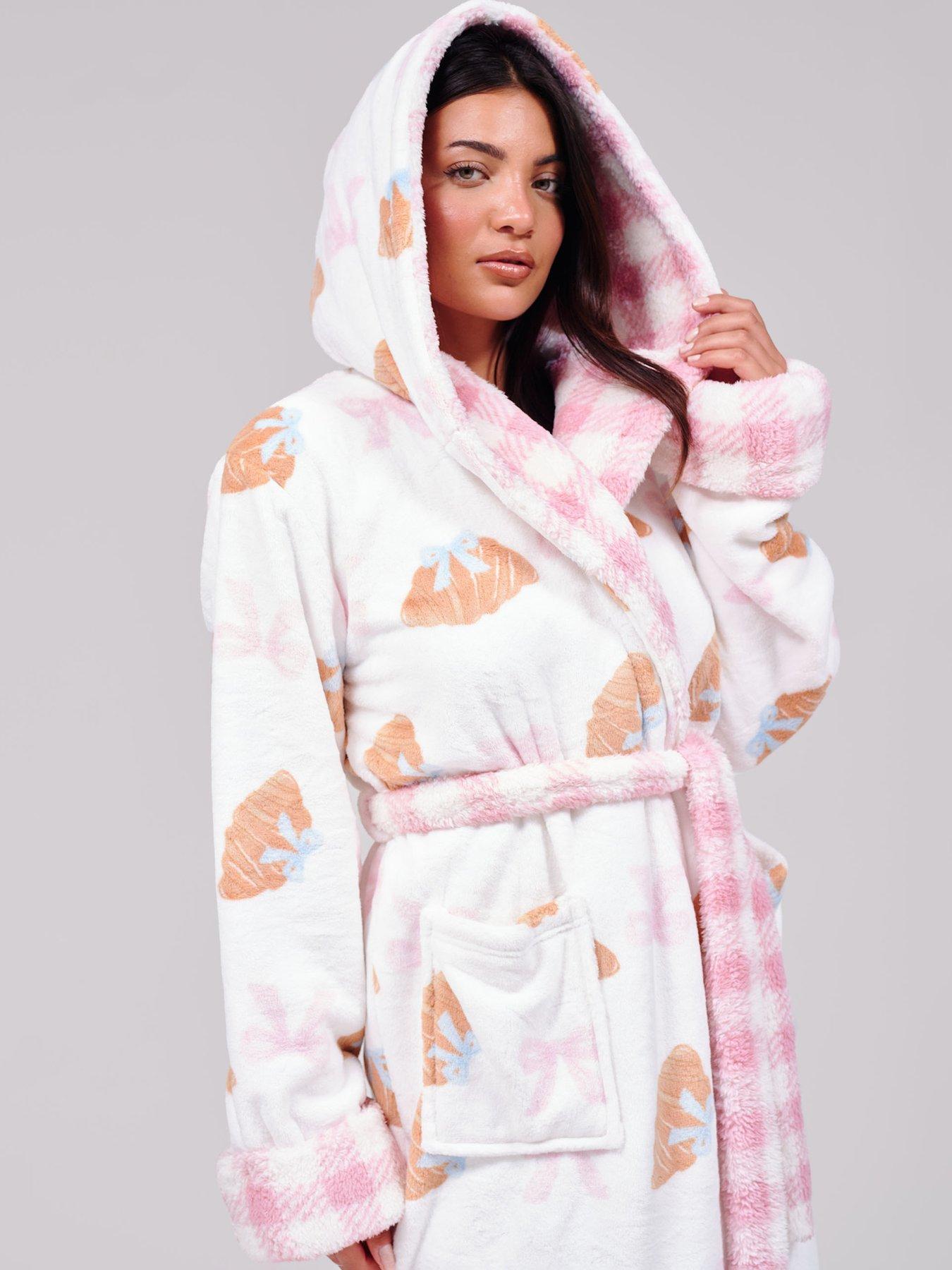 Image 4 of 6 of Loungeable Bow Croissant &amp; Gingham Hooded Midi Robe - Multi