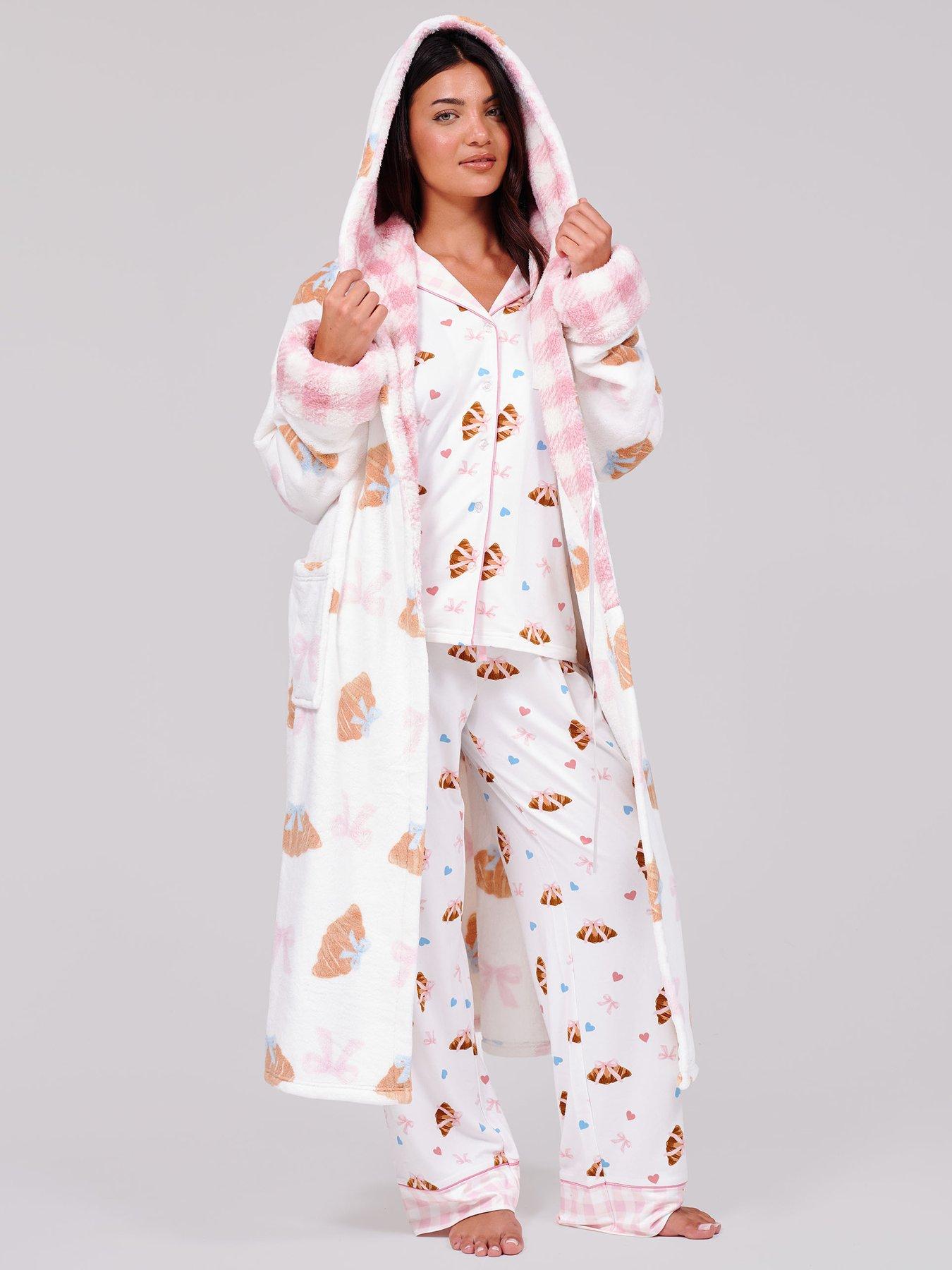 Image 5 of 6 of Loungeable Bow Croissant &amp; Gingham Hooded Midi Robe - Multi