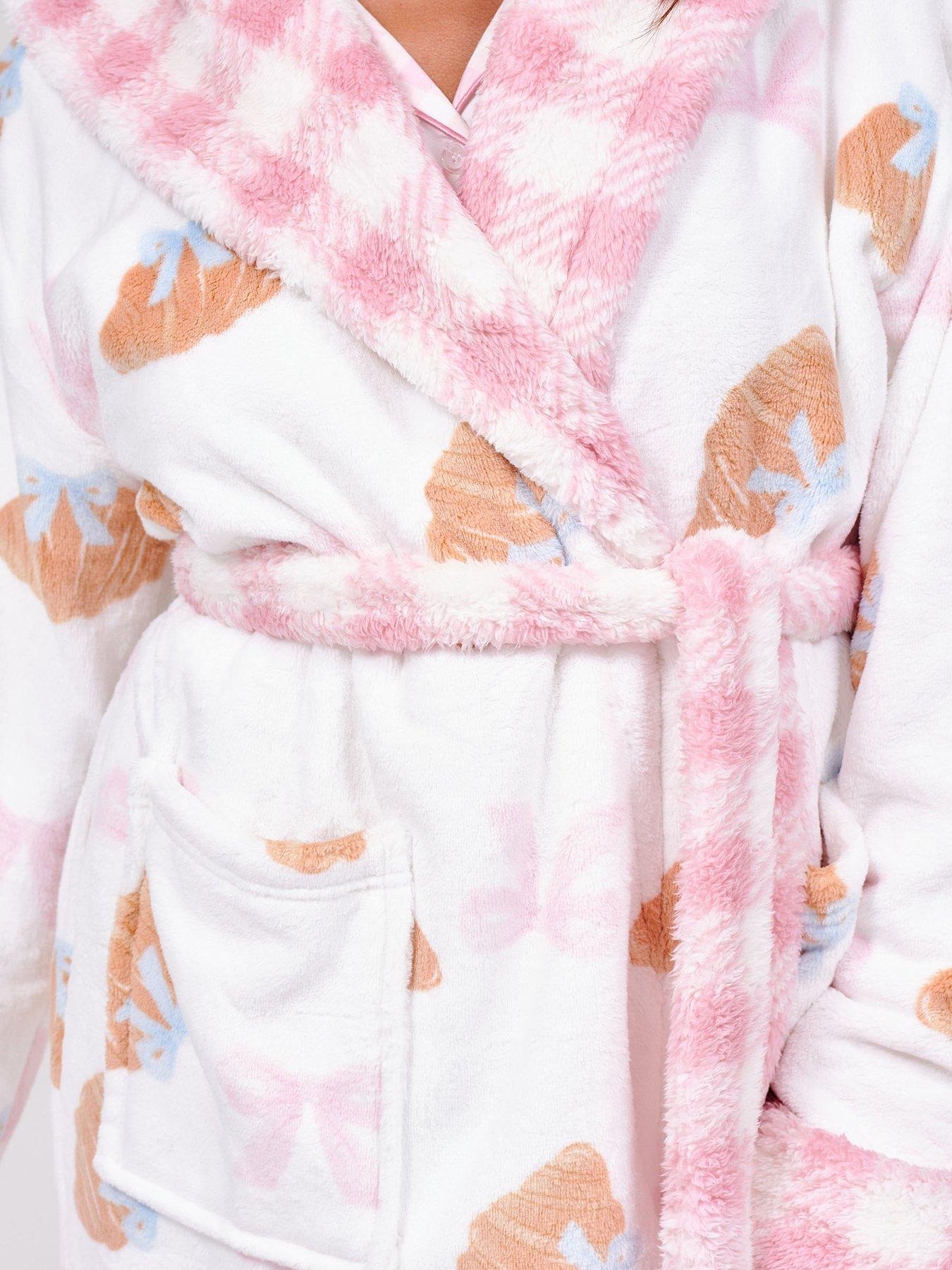 Image 6 of 6 of Loungeable Bow Croissant &amp; Gingham Hooded Midi Robe - Multi