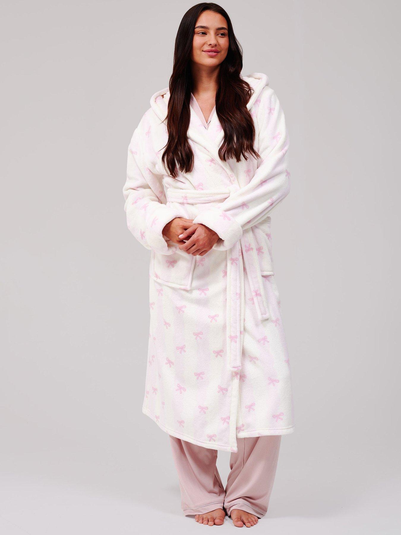 Loungeable Striped Bow Luxury Fleece Midi Hooded Dressing Gown - Pink