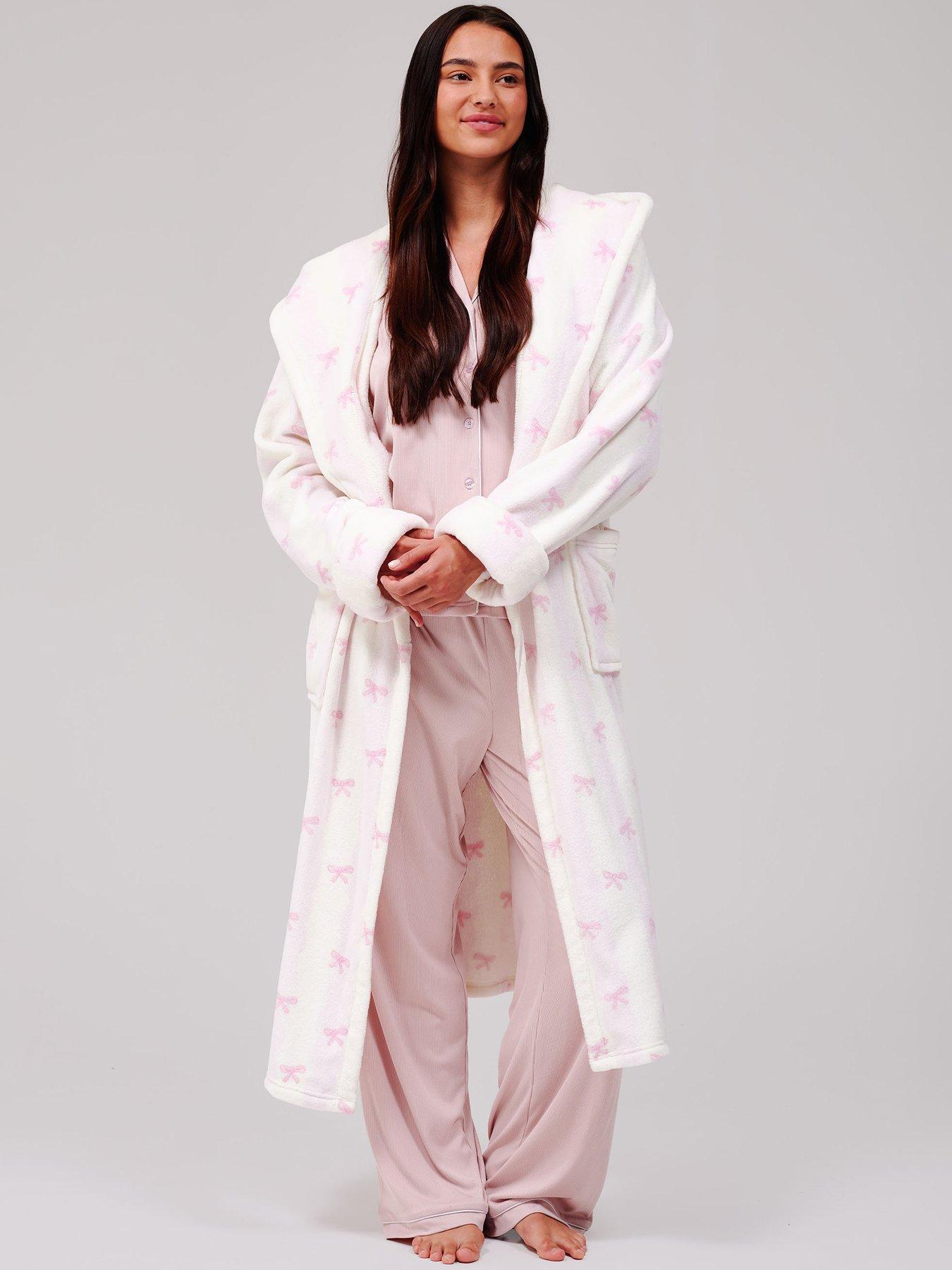 Loungeable Striped Bow Luxury Fleece Midi Hooded Dressing Gown - Pink