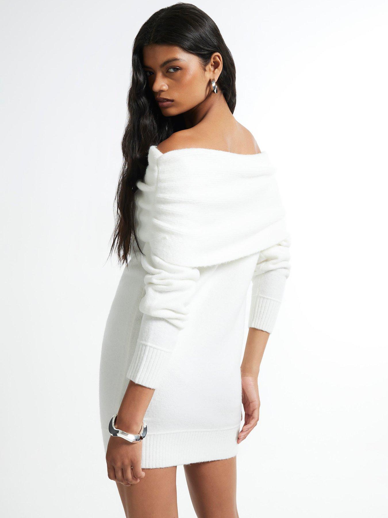 Image 2 of 6 of River Island Womens Bardot Off-Shoulder Cotton Mini Jumper Dress - Cream