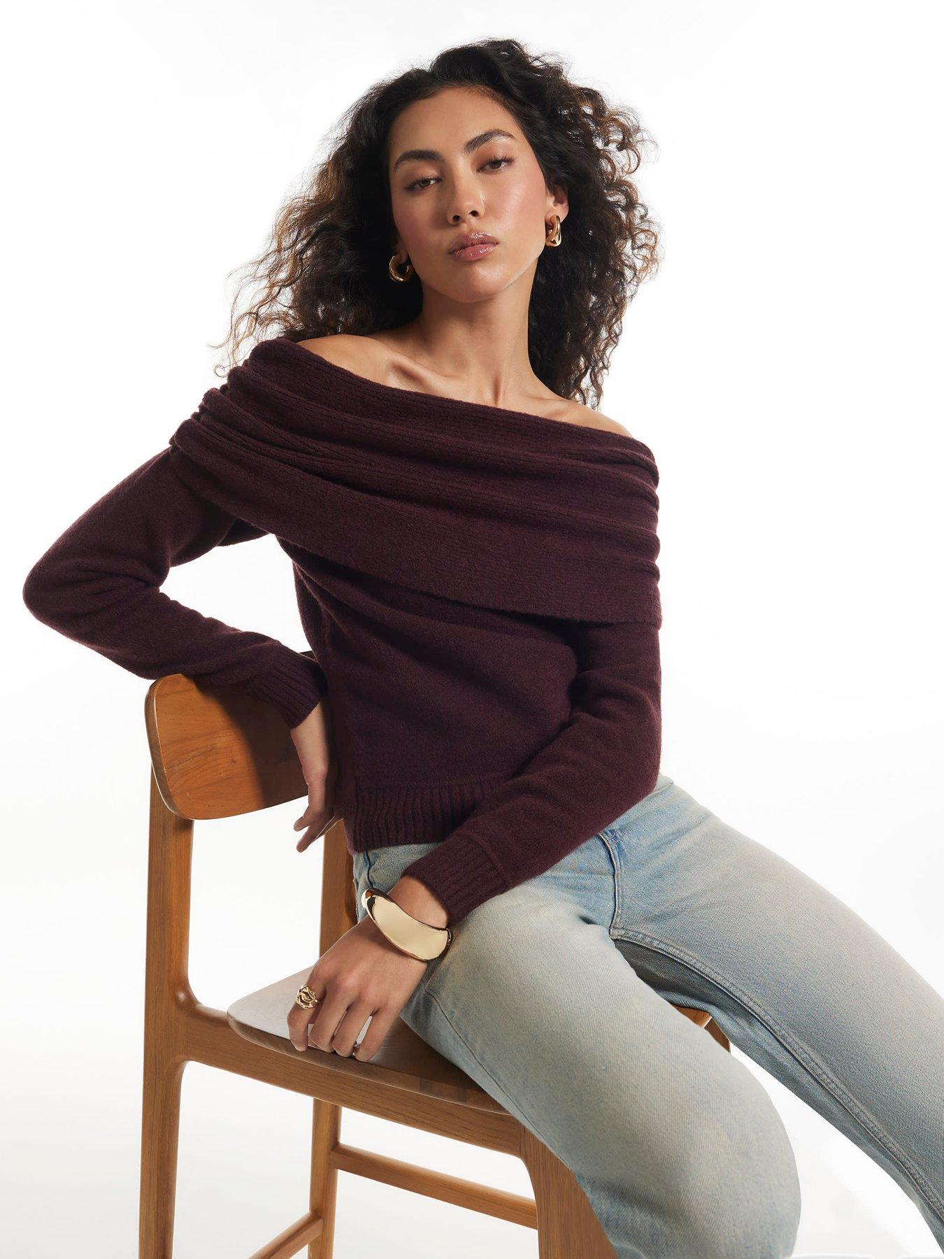 Image 1 of 6 of River Island Womens Gathered Bardot Jumper - Burgundy