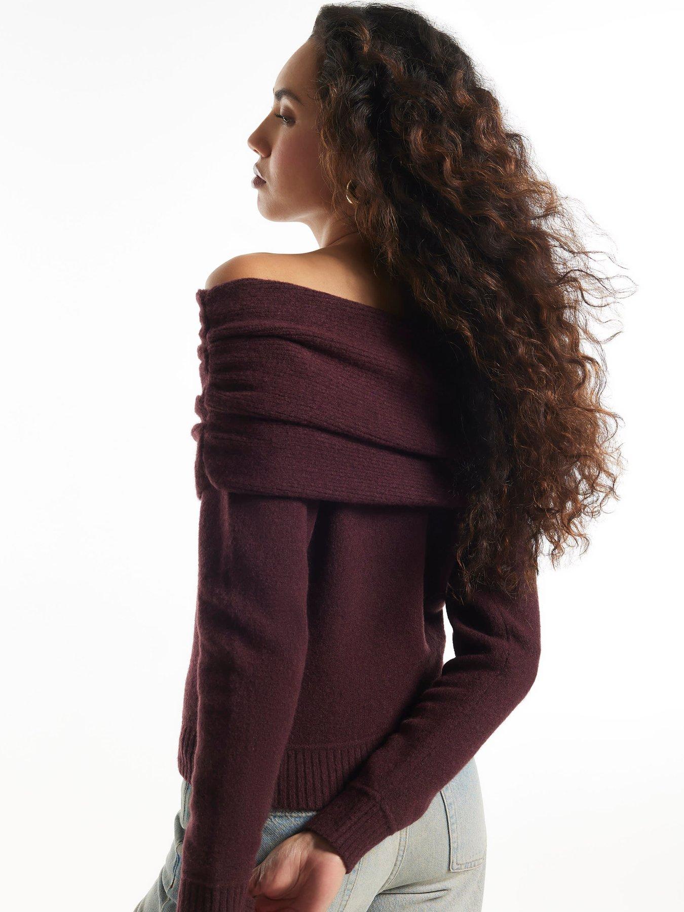 Image 2 of 6 of River Island Womens Gathered Bardot Jumper - Burgundy