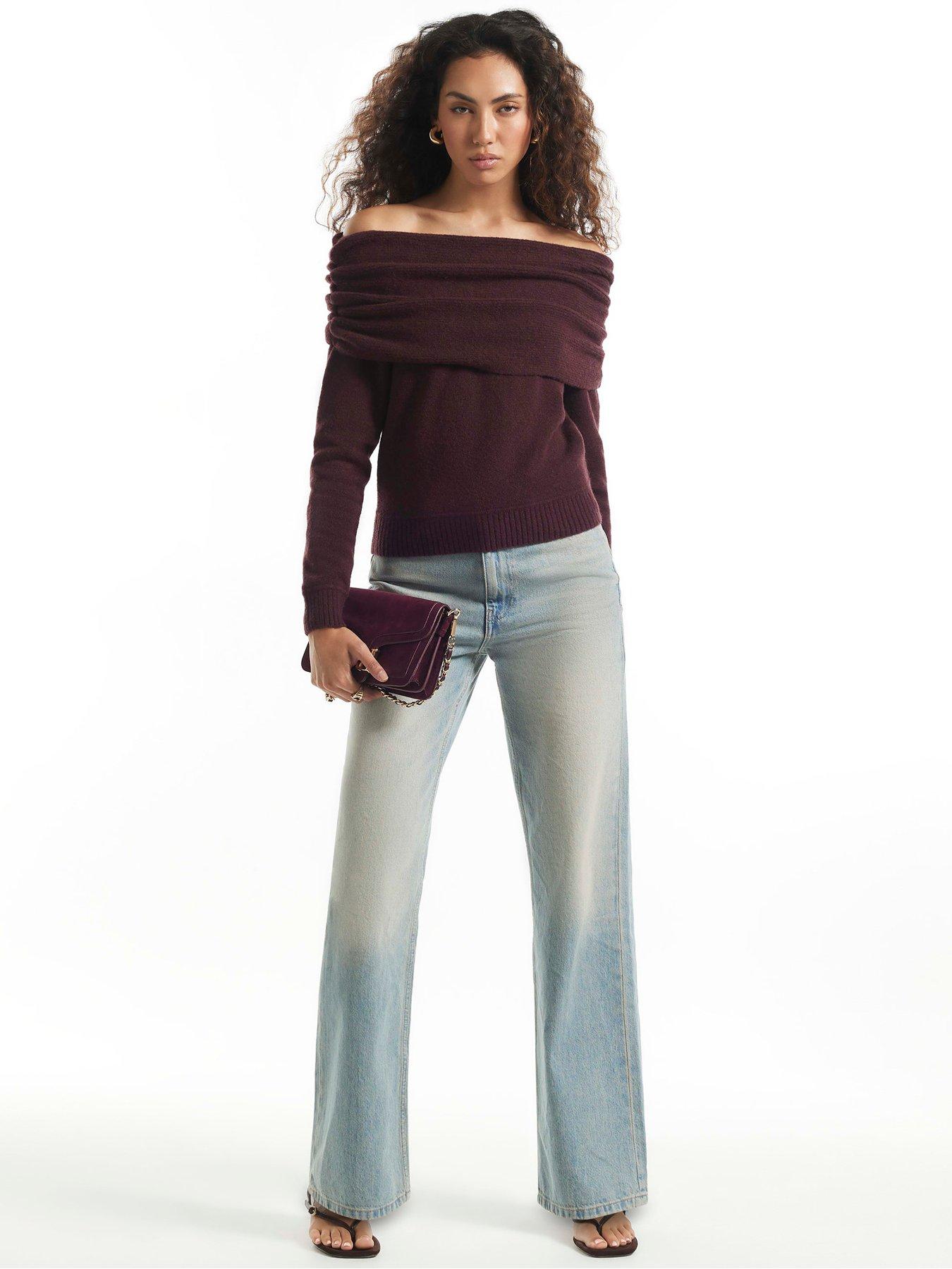 Image 3 of 6 of River Island Womens Gathered Bardot Jumper - Burgundy