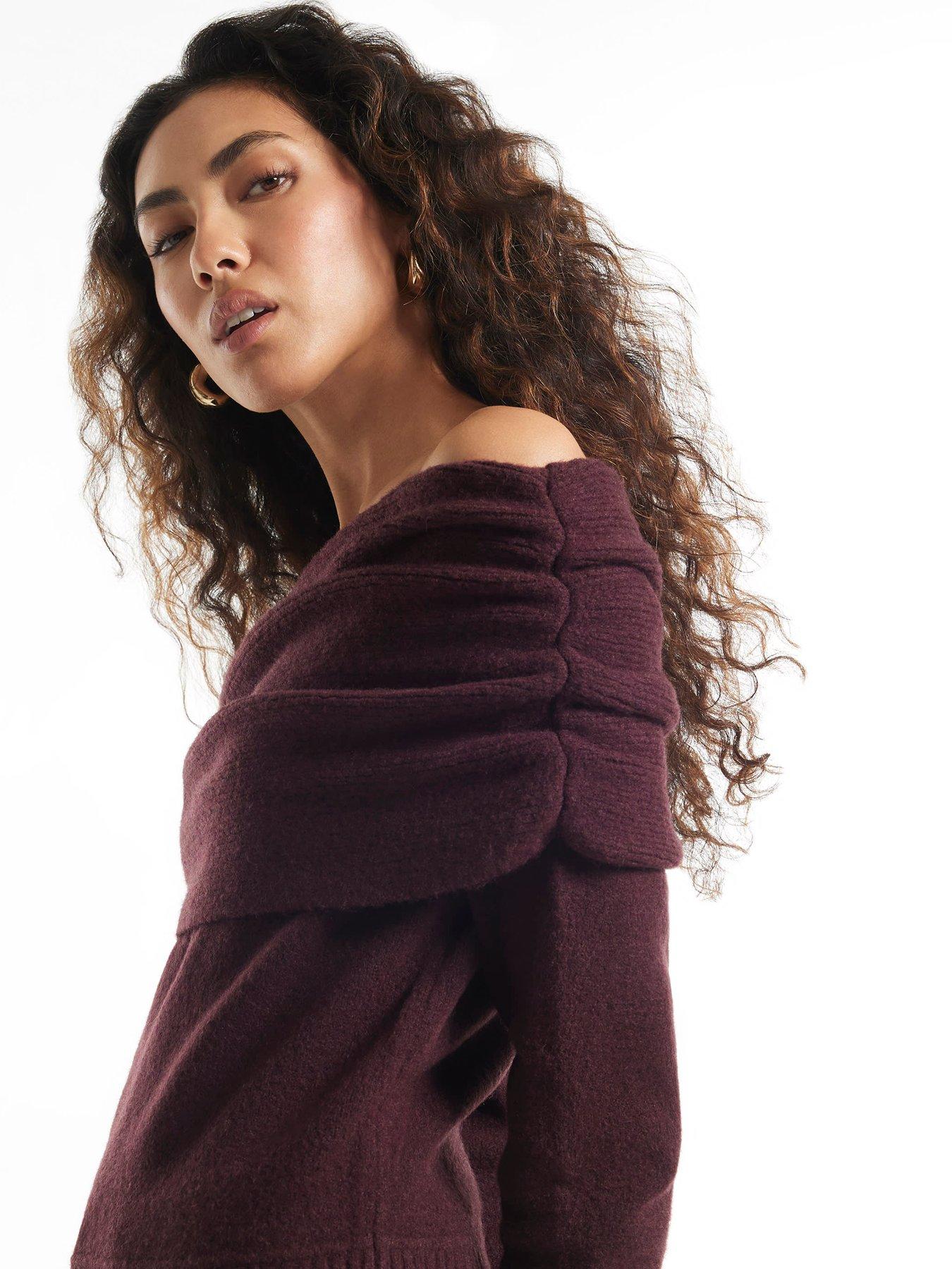 Image 4 of 6 of River Island Womens Gathered Bardot Jumper - Burgundy