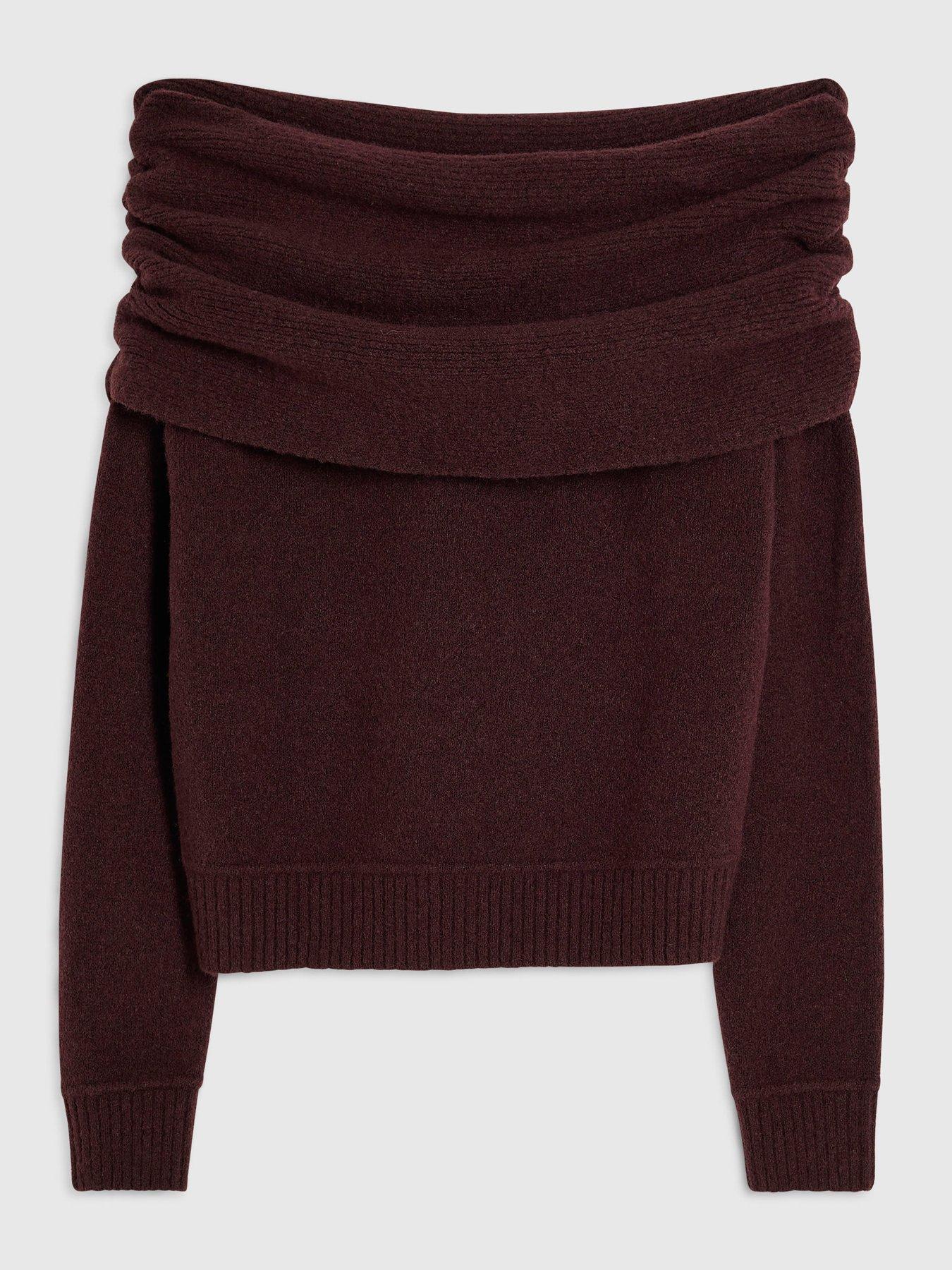 Image 5 of 6 of River Island Womens Gathered Bardot Jumper - Burgundy