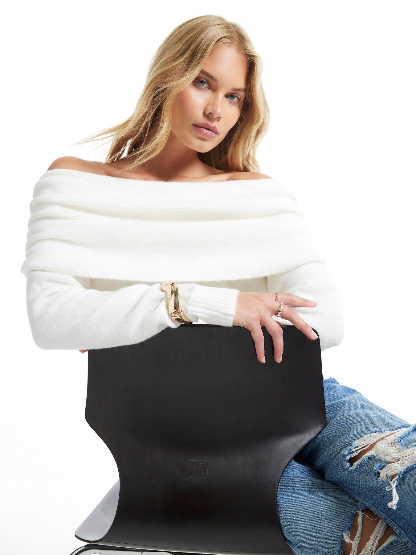 Image 1 of 6 of River Island Womens Bardot Gathered Cotton Jumper - Cream