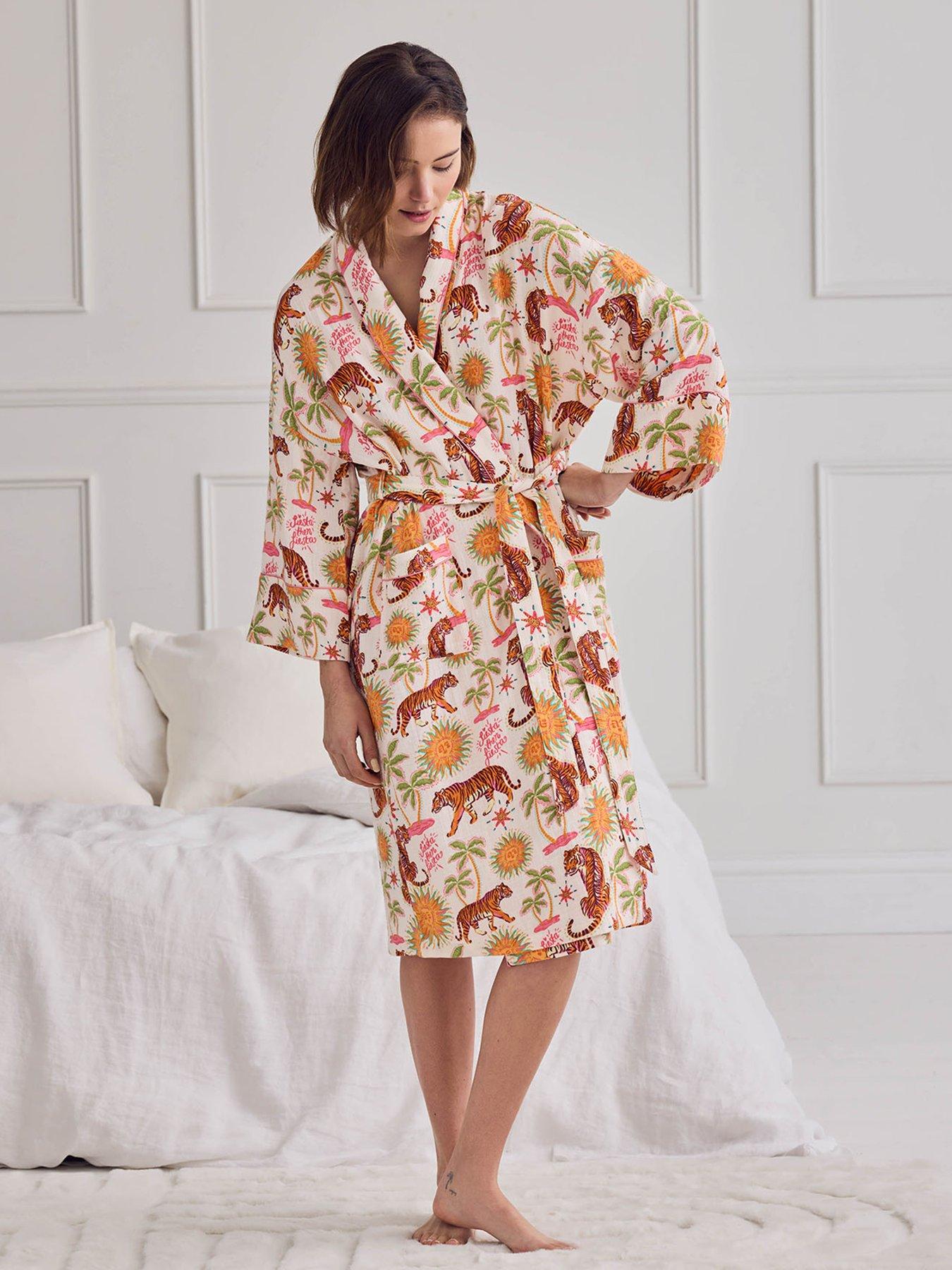 CHELSEA PEERS Chelsea Peers Cotton Cheesecloth Siesta Tiger Print Dressing Gown - Off White