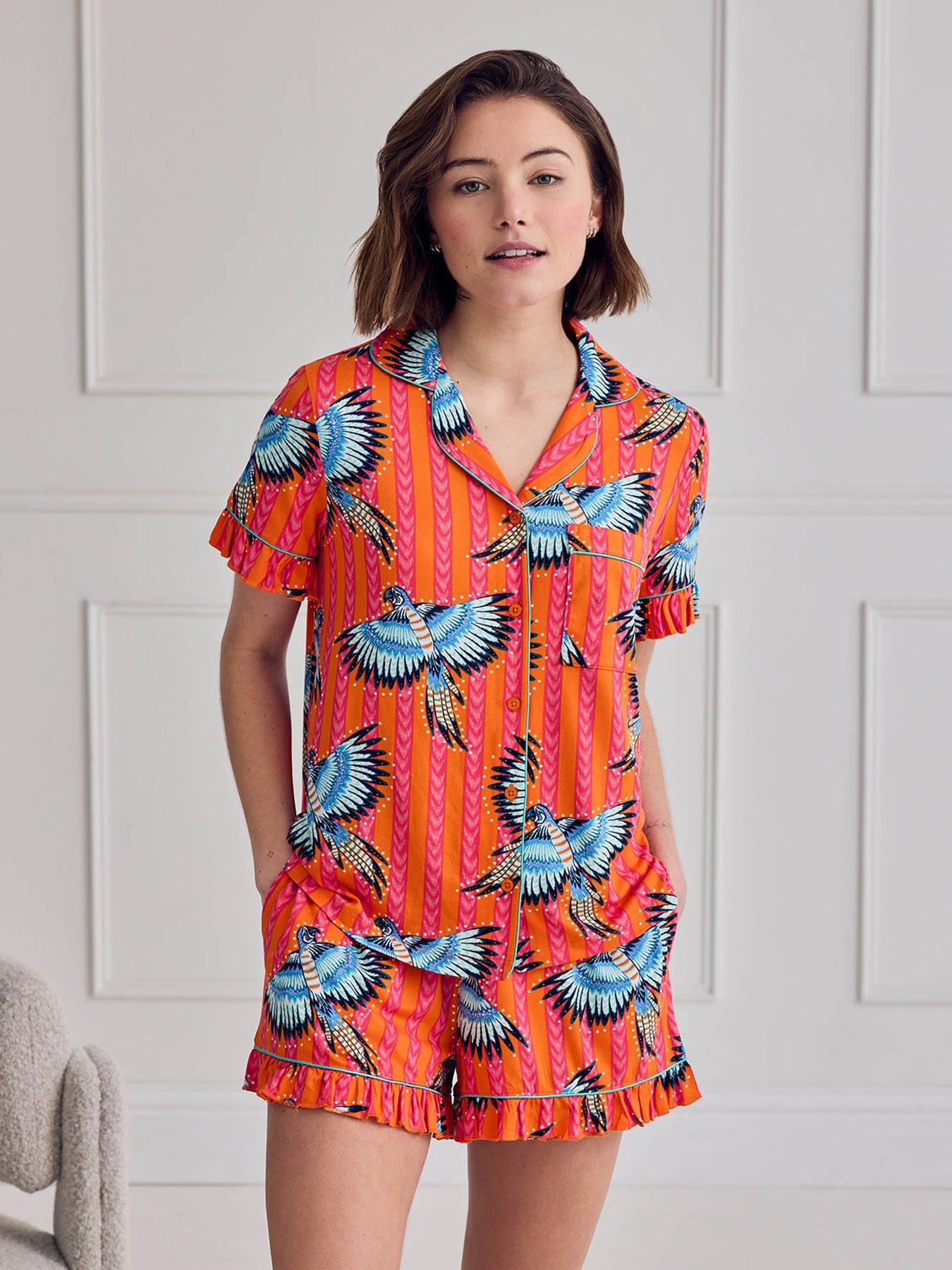 CHELSEA PEERS Parrot Stripe Print Frill Short Pyjama Set - Orange