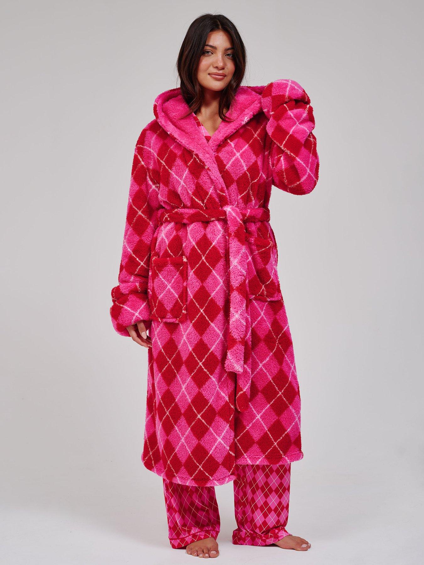 Loungeable Women's Sherpa Hooded Midi Dressing Gown, Pink, Size S, Women