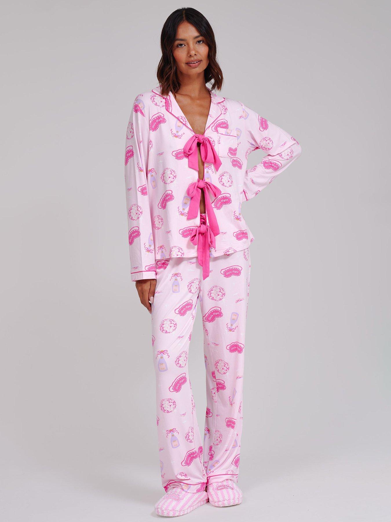 Loungeable Women's Pink Girls Night Super Soft Long Sleeve Tie Pyjama Set In | Size: Xl - Image 3
