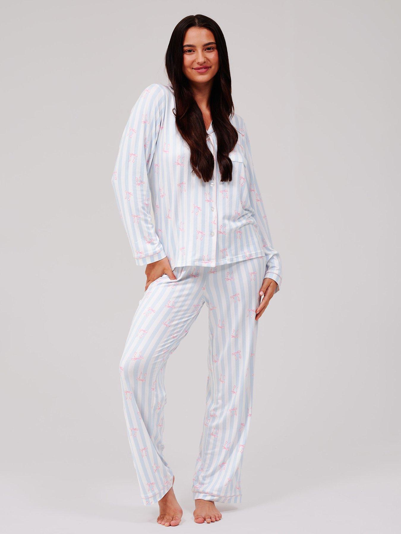 Loungeable Stripe Bow Long Sleeved Button Down Traditional Pyjama Set - Blue