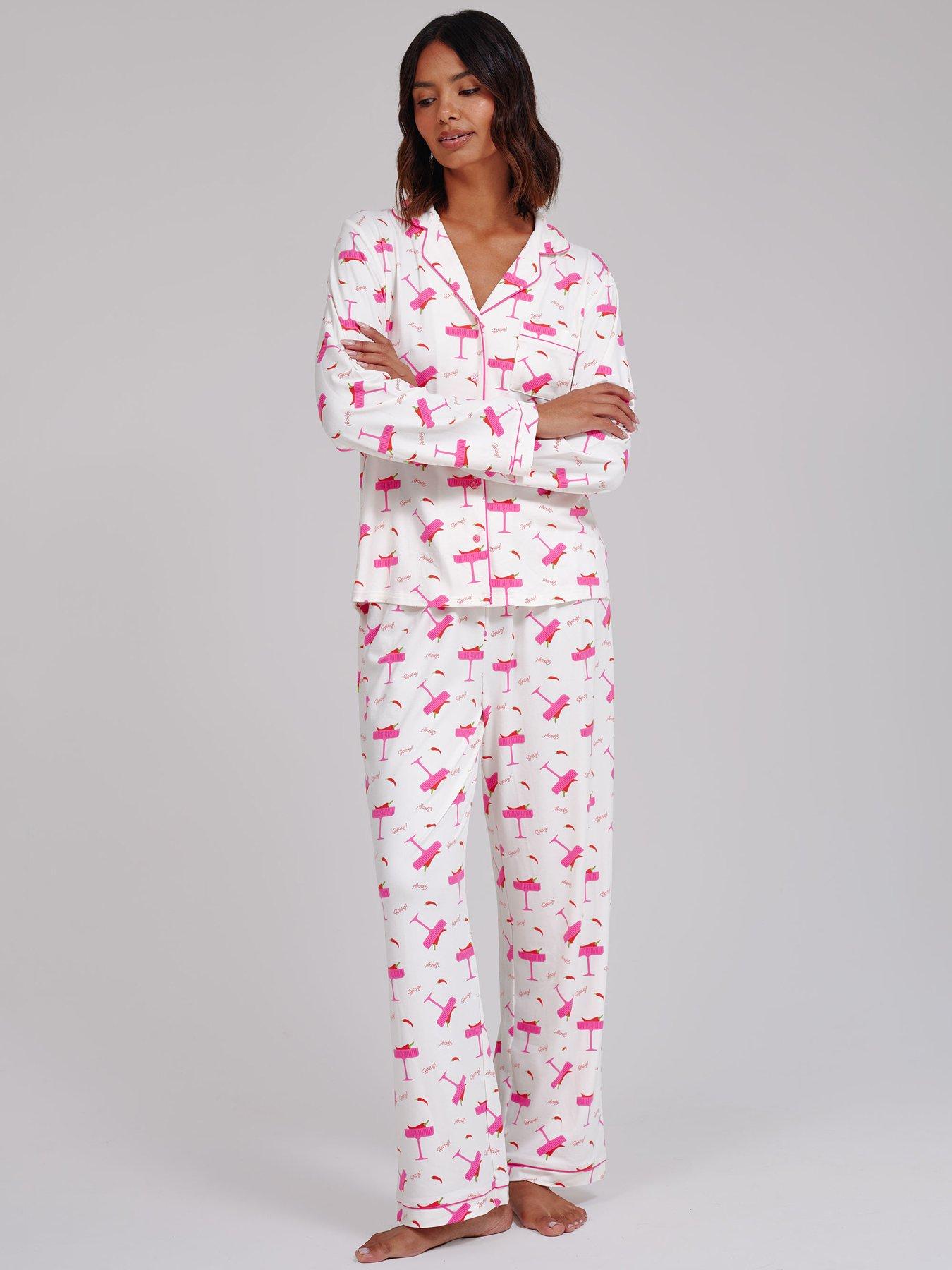 Image 1 of 4 of Loungeable Spicy Marg Print Wide Leg Traditional Revere Pyjama Set - Multi