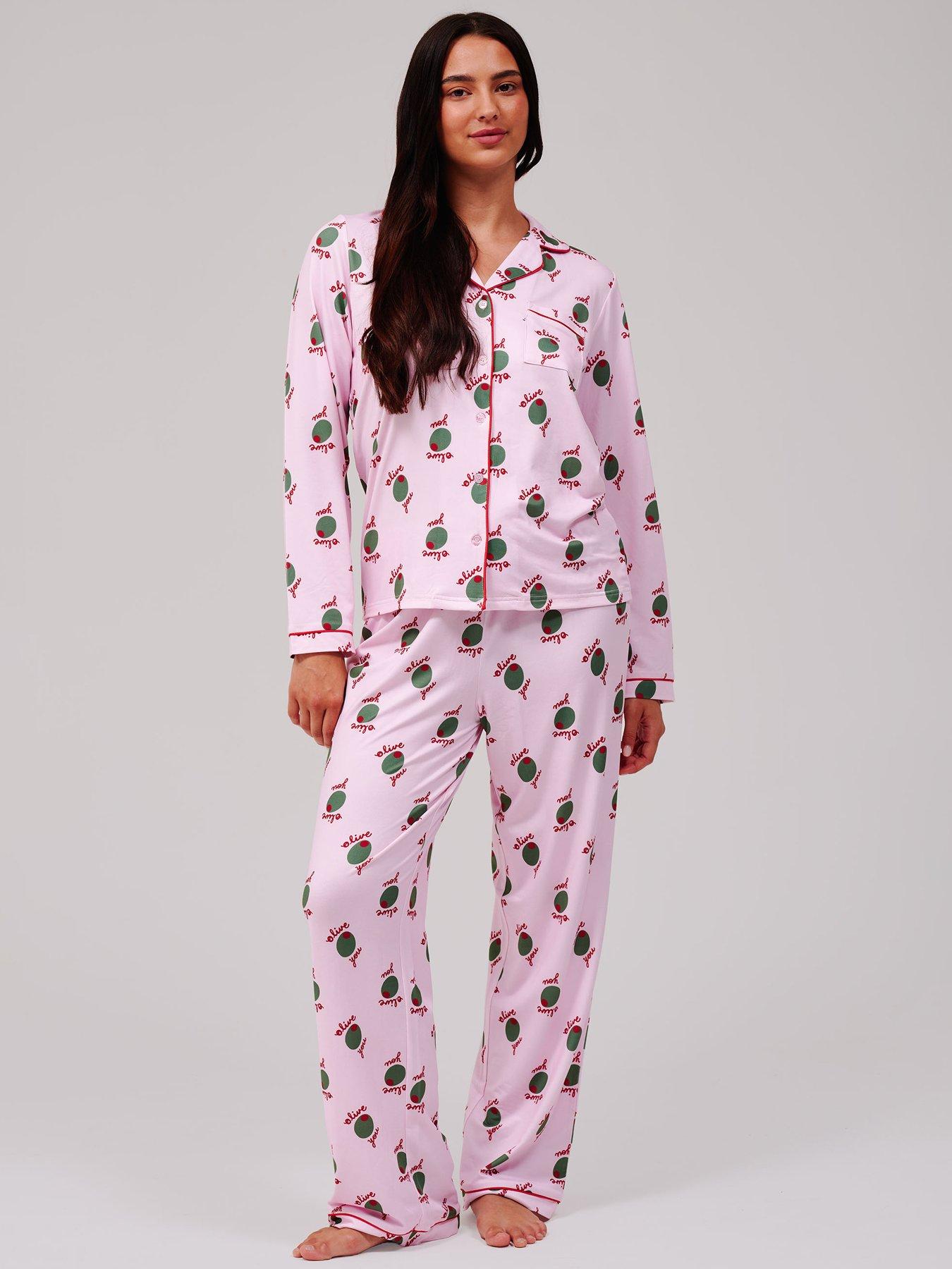 Loungeable Olive You Print Jersey Traditional Revere Pyjama Set, Pink, Size Xs, Women