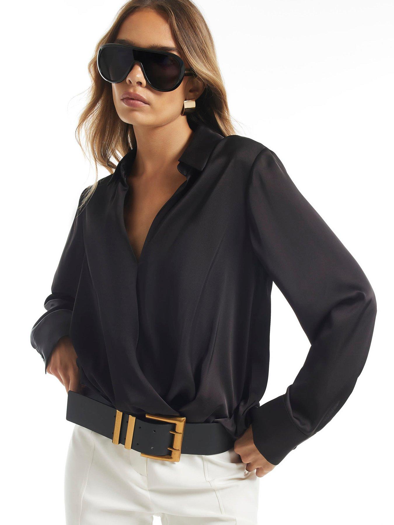 Image 1 of 6 of River Island Womens Wrap Front V-Neck Long Sleeve Blouse - Black