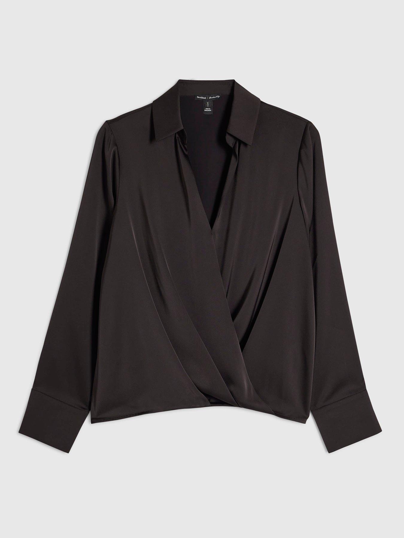 Image 5 of 6 of River Island Womens Wrap Front V-Neck Long Sleeve Blouse - Black