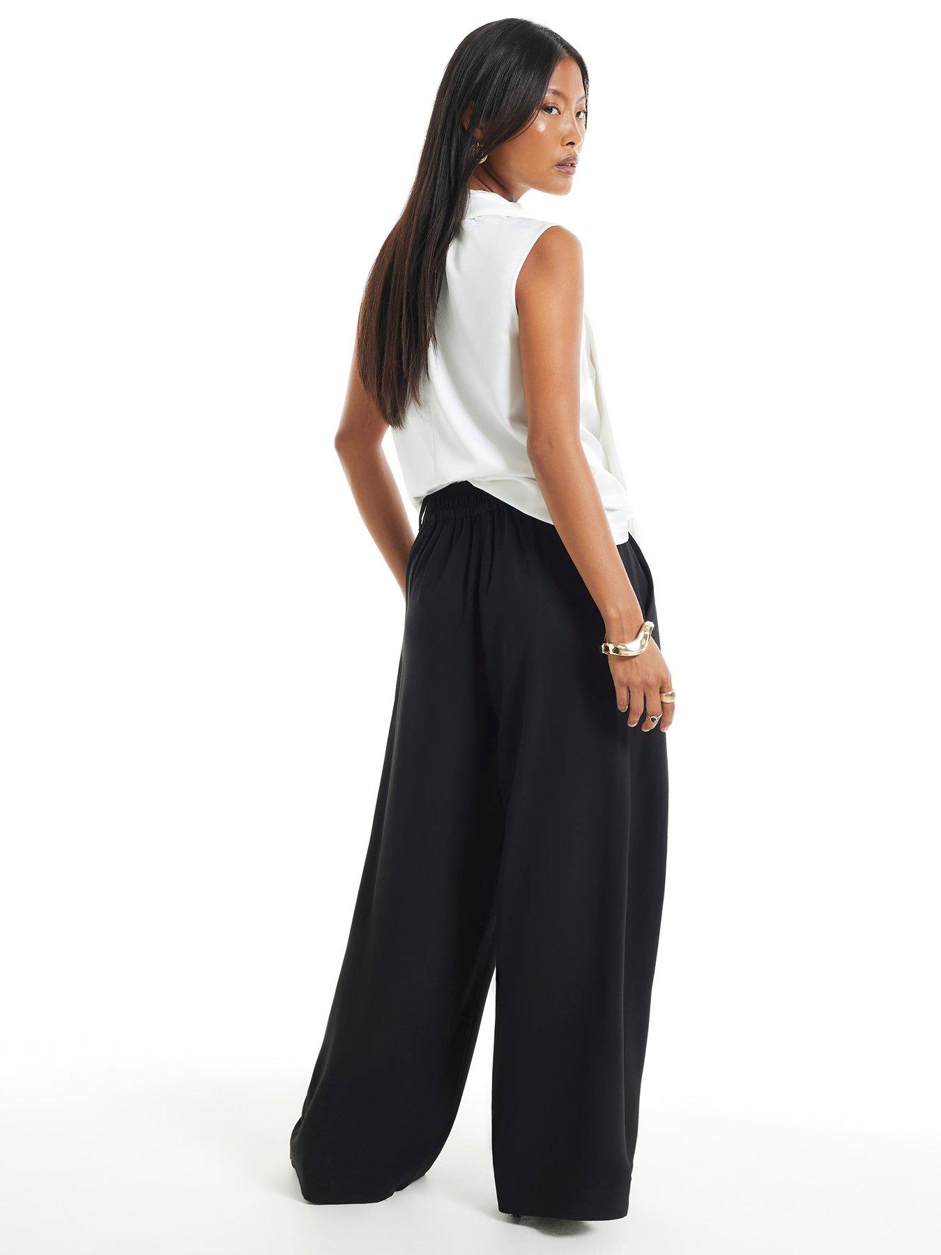 Image 2 of 5 of River Island Womens Petite Crepe Pleated Wide Leg Trousers - Black