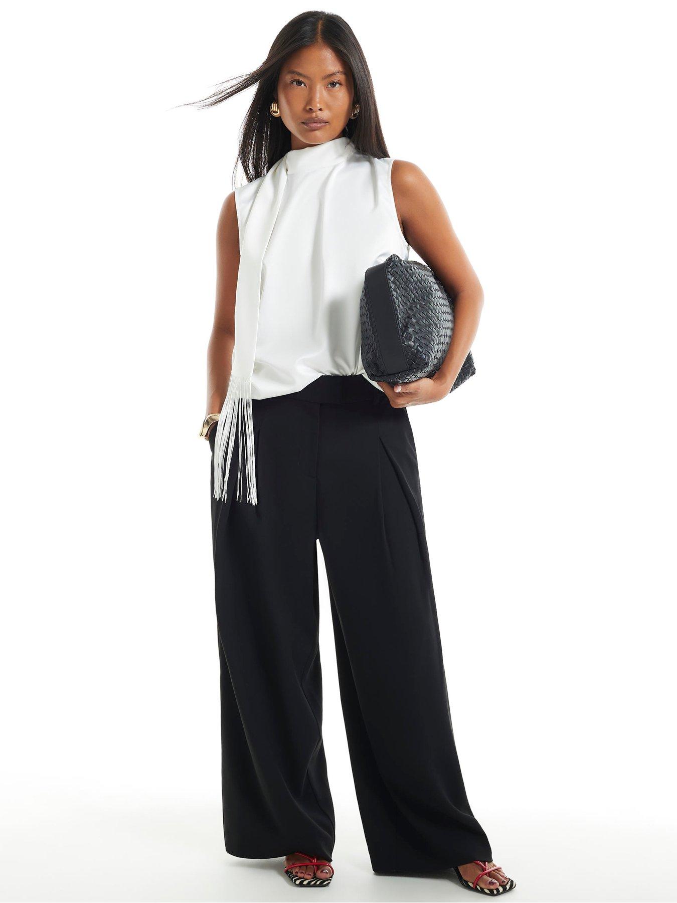 Image 3 of 5 of River Island Womens Petite Crepe Pleated Wide Leg Trousers - Black