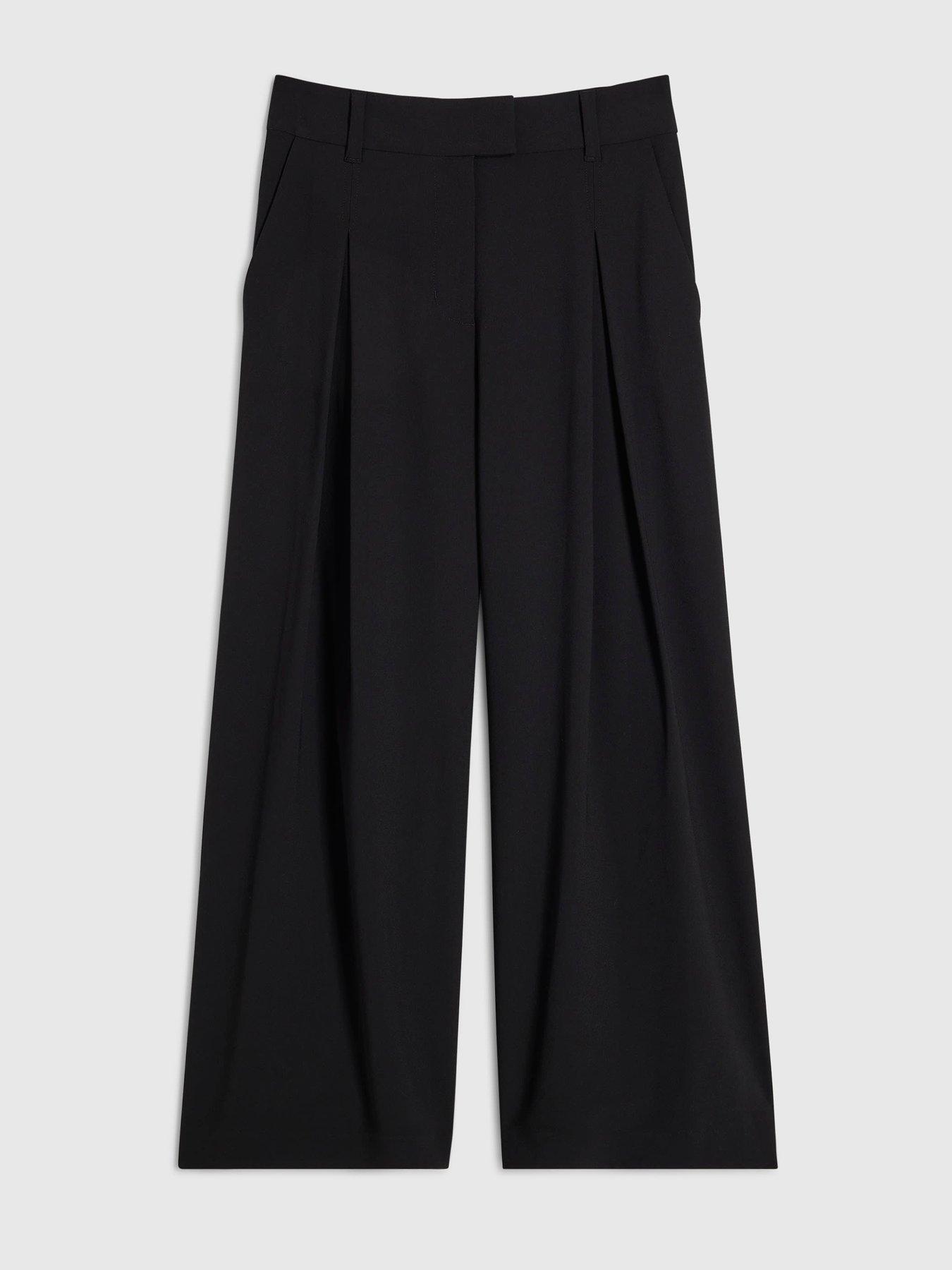 Image 4 of 5 of River Island Womens Petite Crepe Pleated Wide Leg Trousers - Black