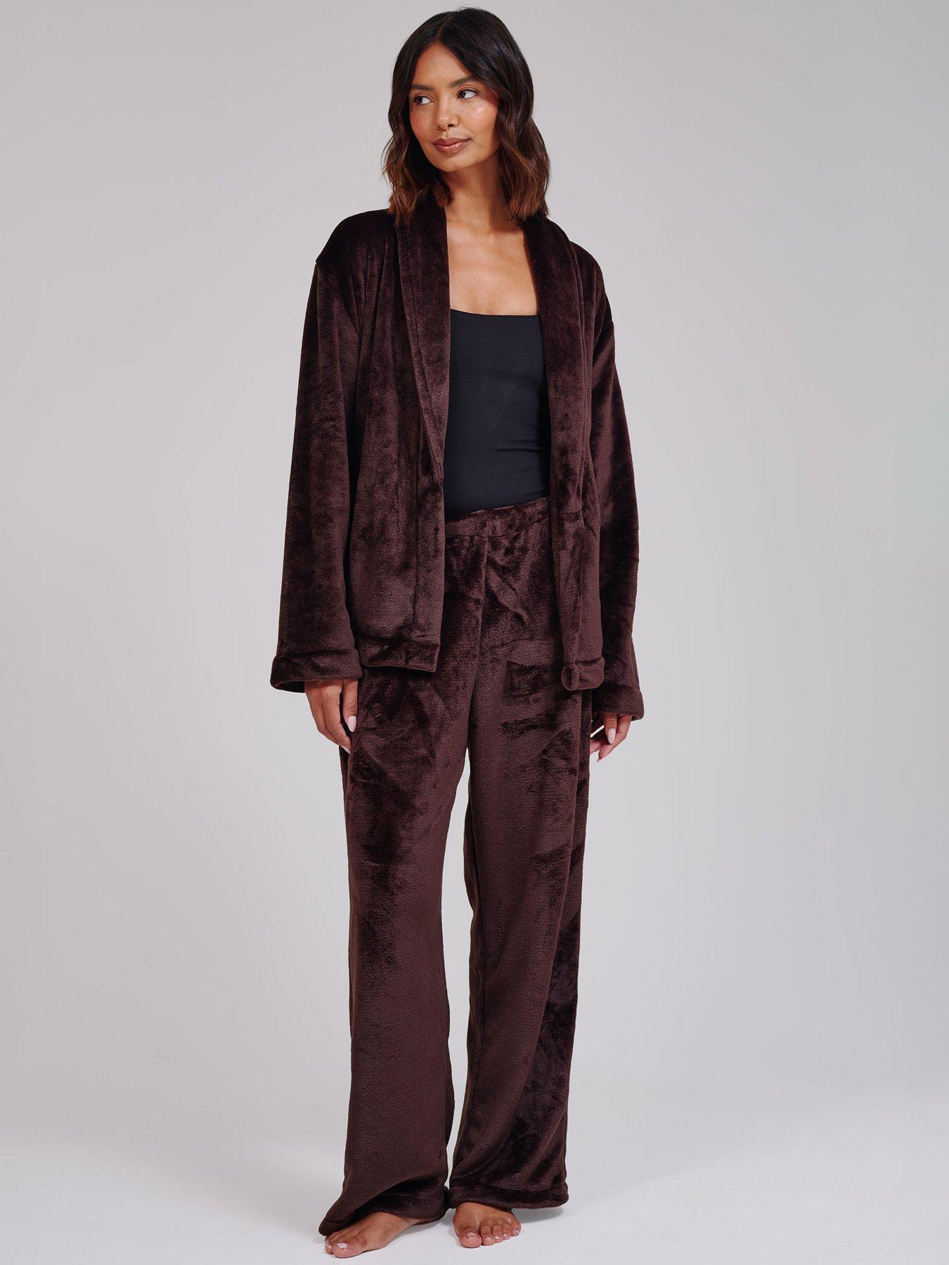 Image 1 of 7 of Loungeable Flannel Fleece Shawl Collar Wrap Robe &amp; Wide Leg Trousers Set - Brown