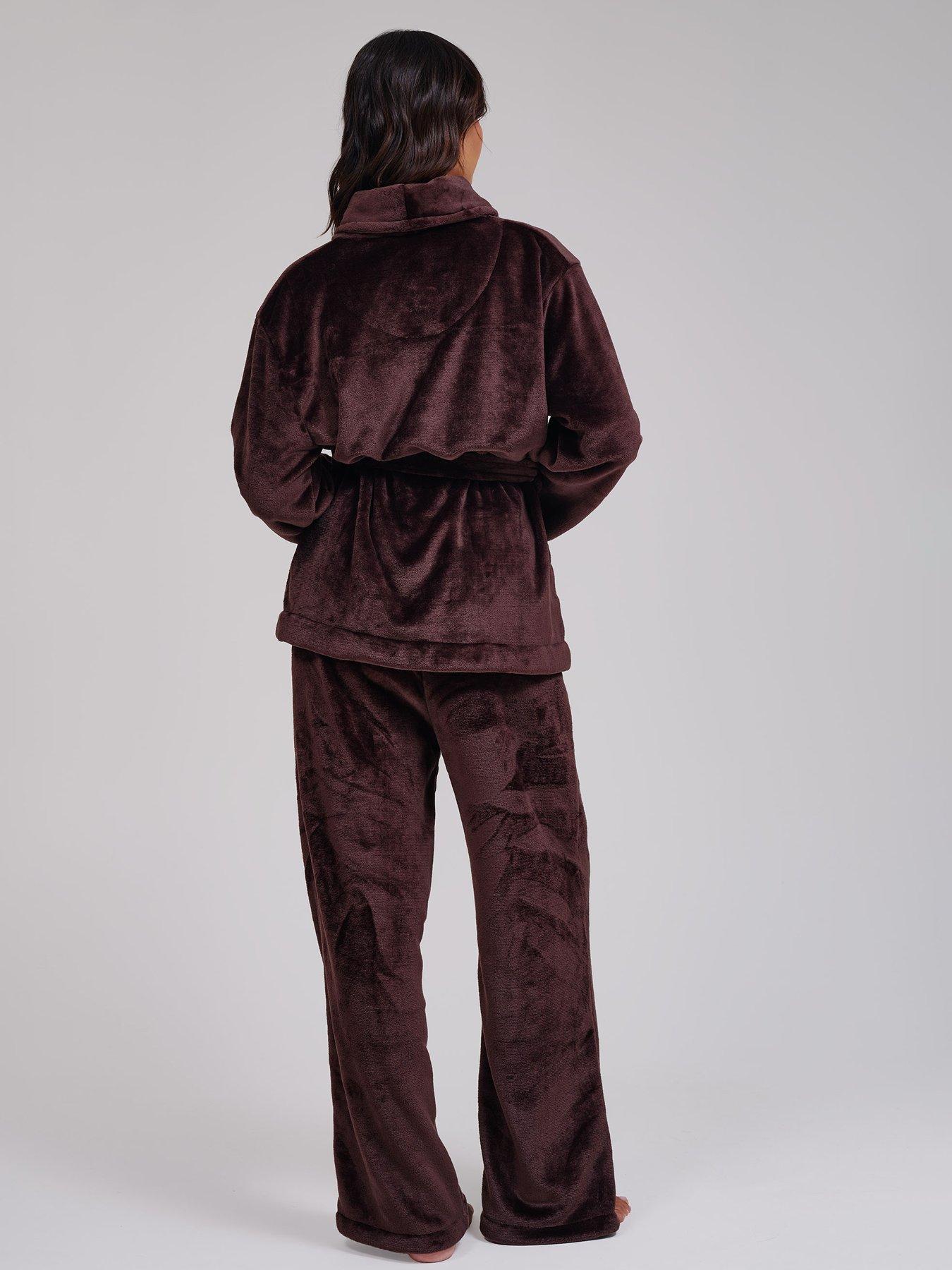 Image 2 of 7 of Loungeable Flannel Fleece Shawl Collar Wrap Robe &amp; Wide Leg Trousers Set - Brown