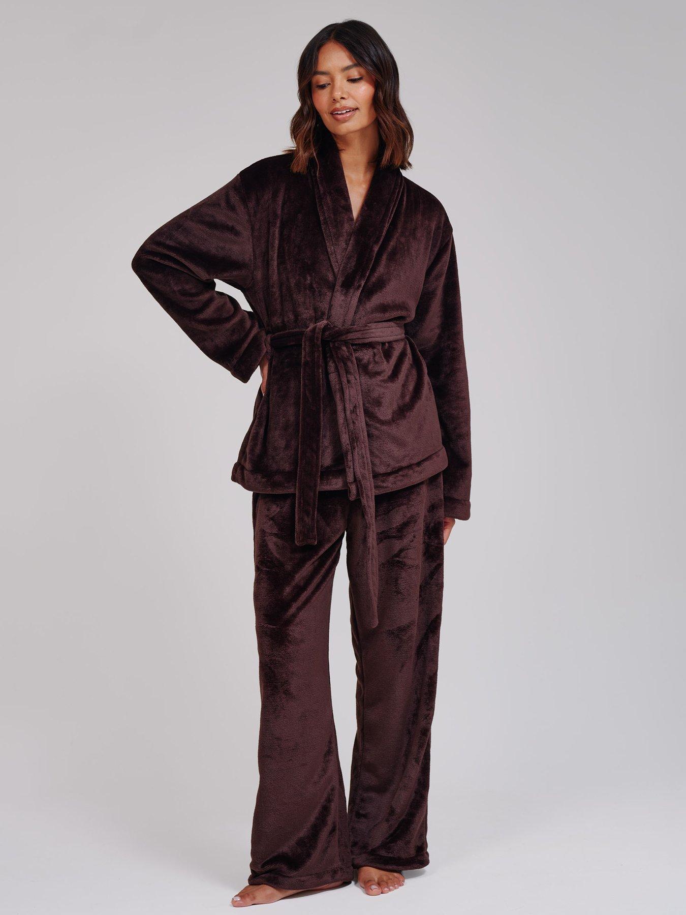 Image 3 of 7 of Loungeable Flannel Fleece Shawl Collar Wrap Robe &amp; Wide Leg Trousers Set - Brown