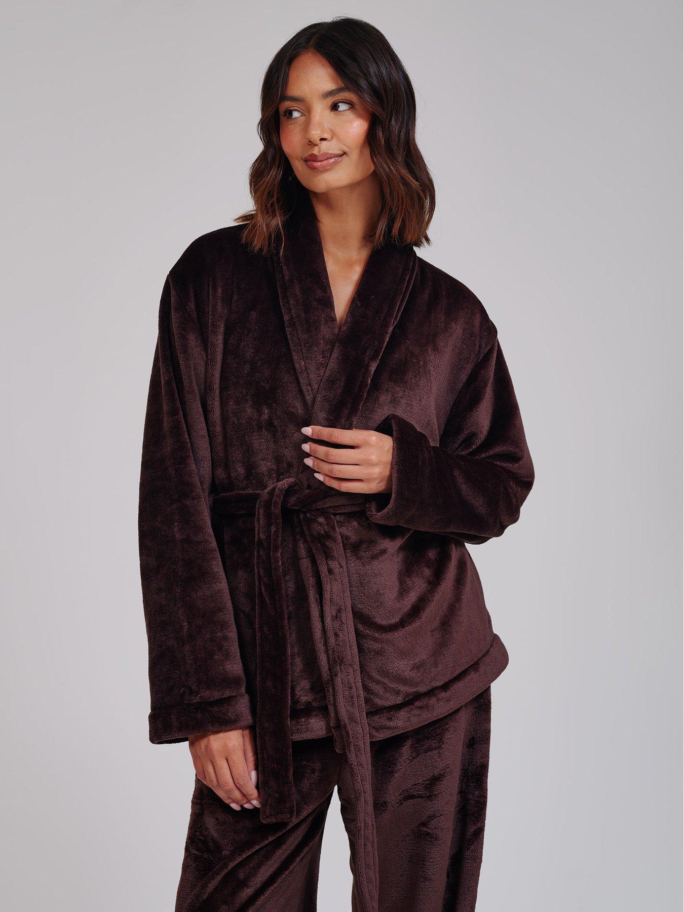 Image 4 of 7 of Loungeable Flannel Fleece Shawl Collar Wrap Robe &amp; Wide Leg Trousers Set - Brown