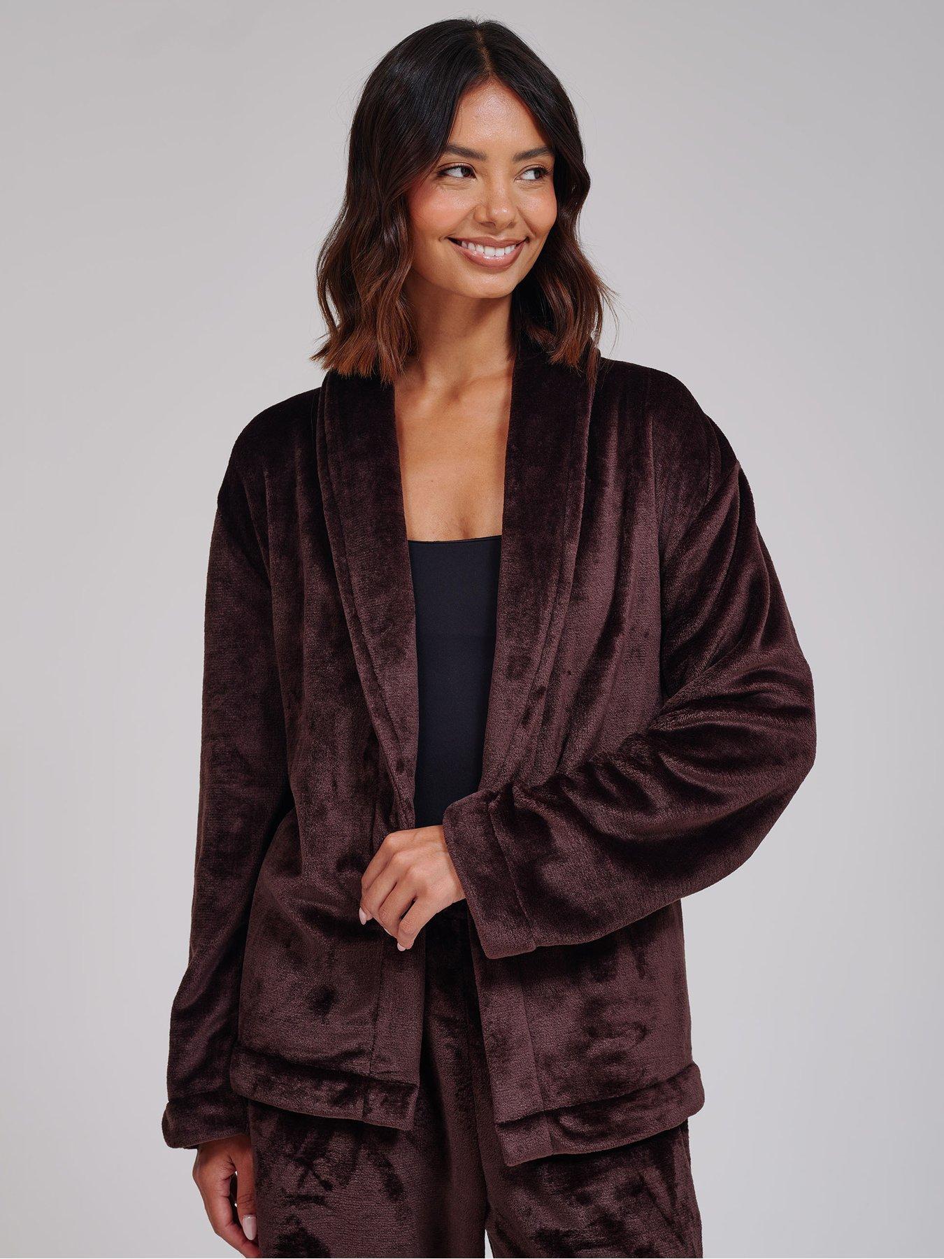 Image 5 of 7 of Loungeable Flannel Fleece Shawl Collar Wrap Robe &amp; Wide Leg Trousers Set - Brown