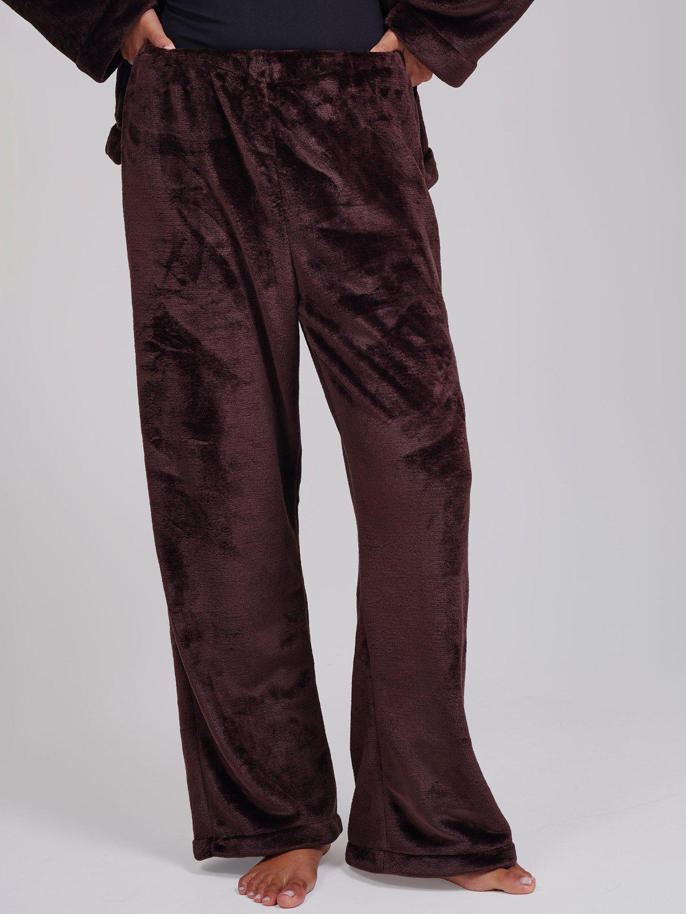Image 6 of 7 of Loungeable Flannel Fleece Shawl Collar Wrap Robe &amp; Wide Leg Trousers Set - Brown