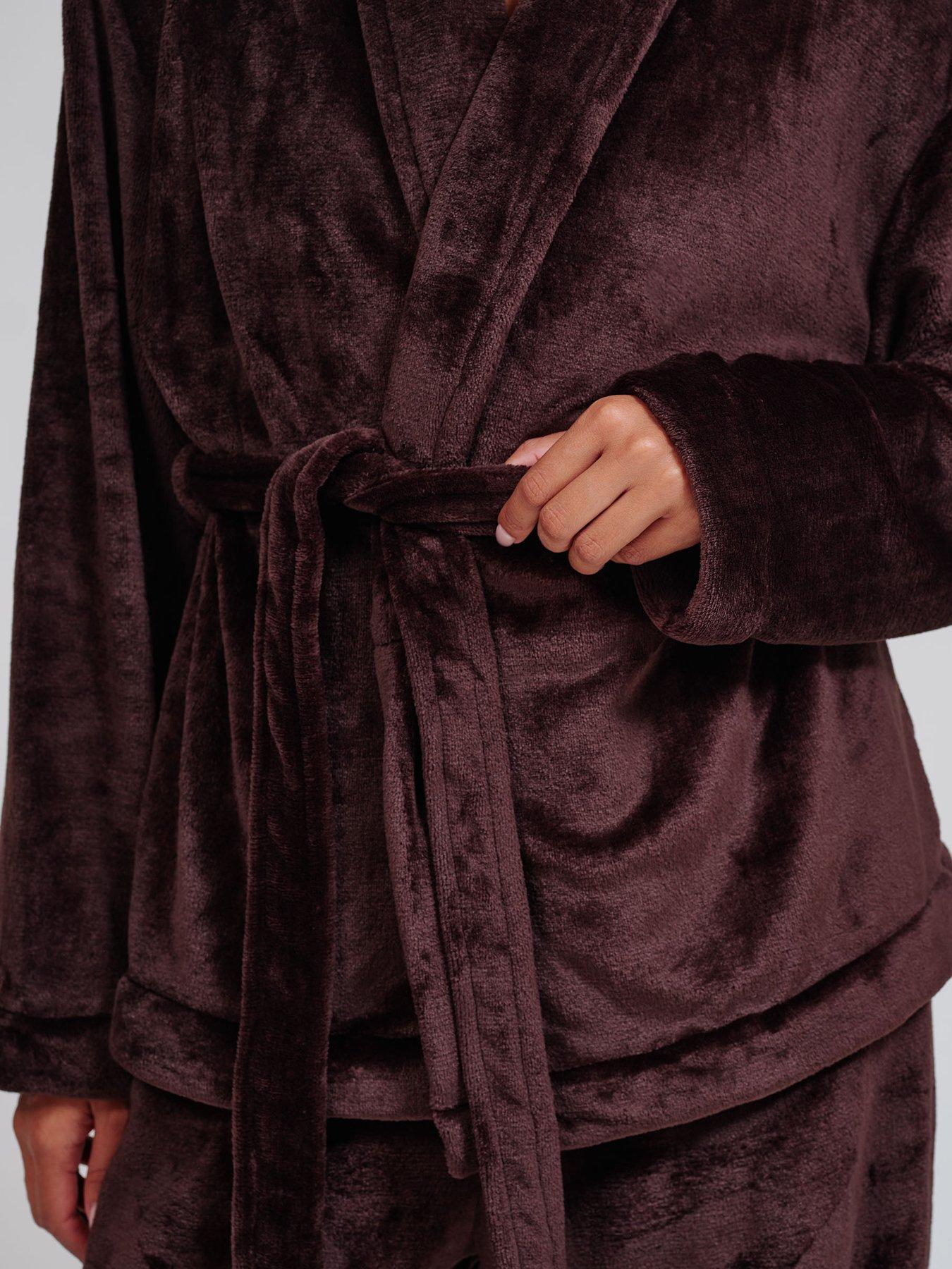 Image 7 of 7 of Loungeable Flannel Fleece Shawl Collar Wrap Robe &amp; Wide Leg Trousers Set - Brown