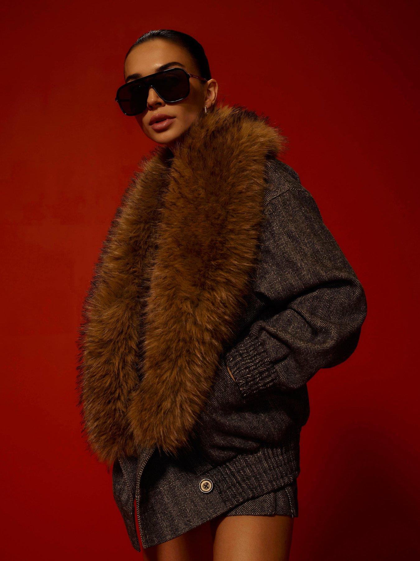 Image 1 of 6 of River Island Womens Faux Fur Collar Herringbone Coat - Grey