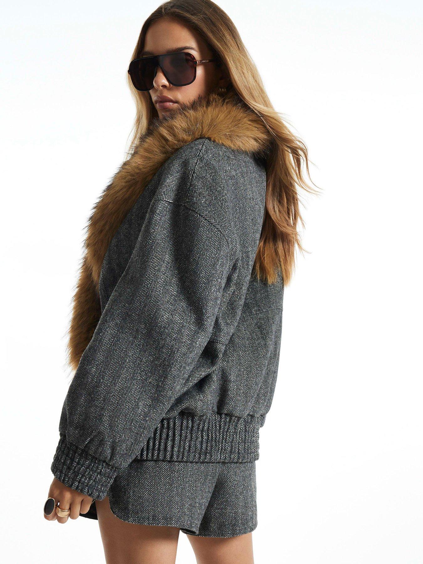 Image 2 of 6 of River Island Womens Faux Fur Collar Herringbone Coat - Grey