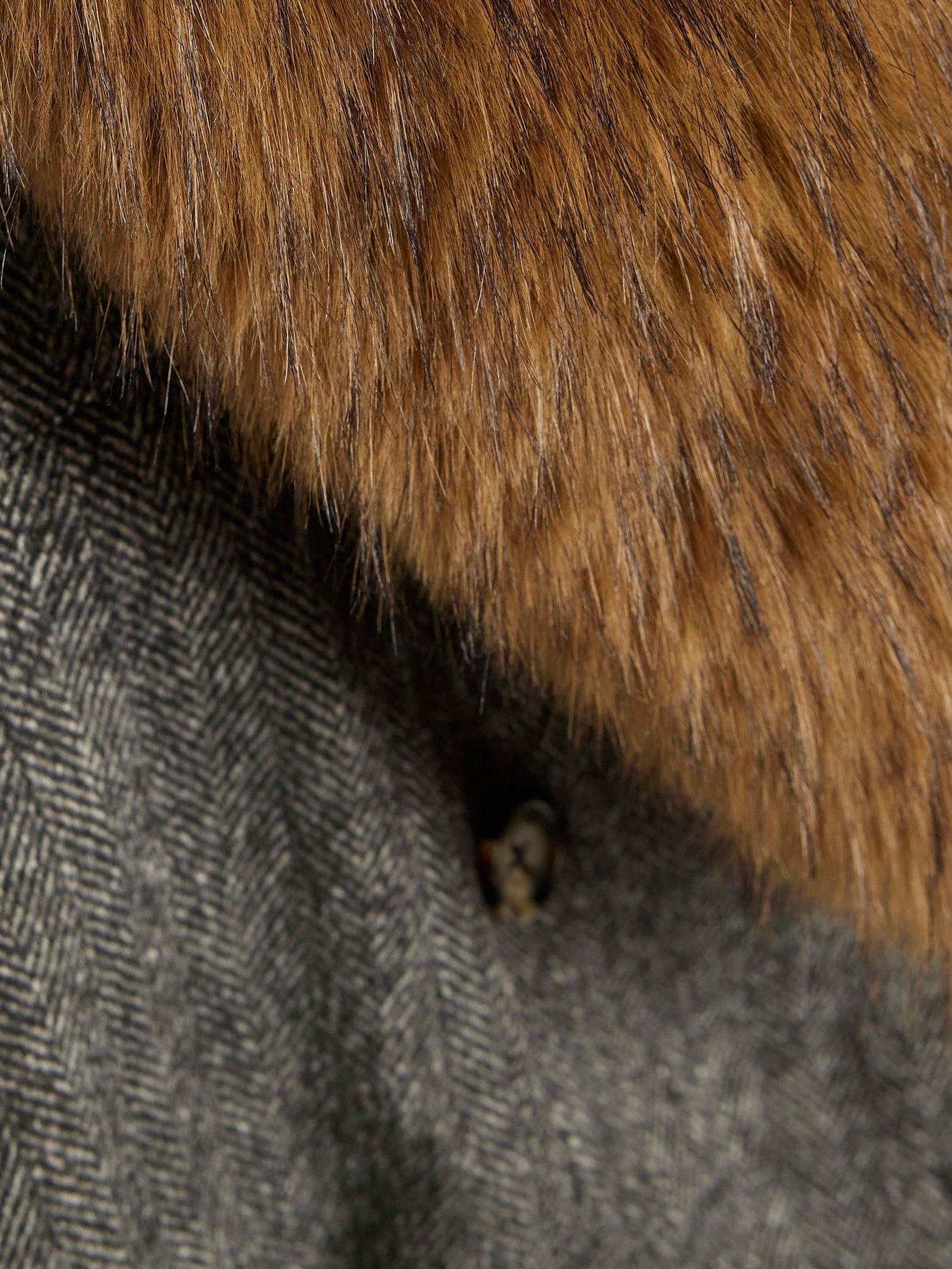 Image 5 of 6 of River Island Womens Faux Fur Collar Herringbone Coat - Grey