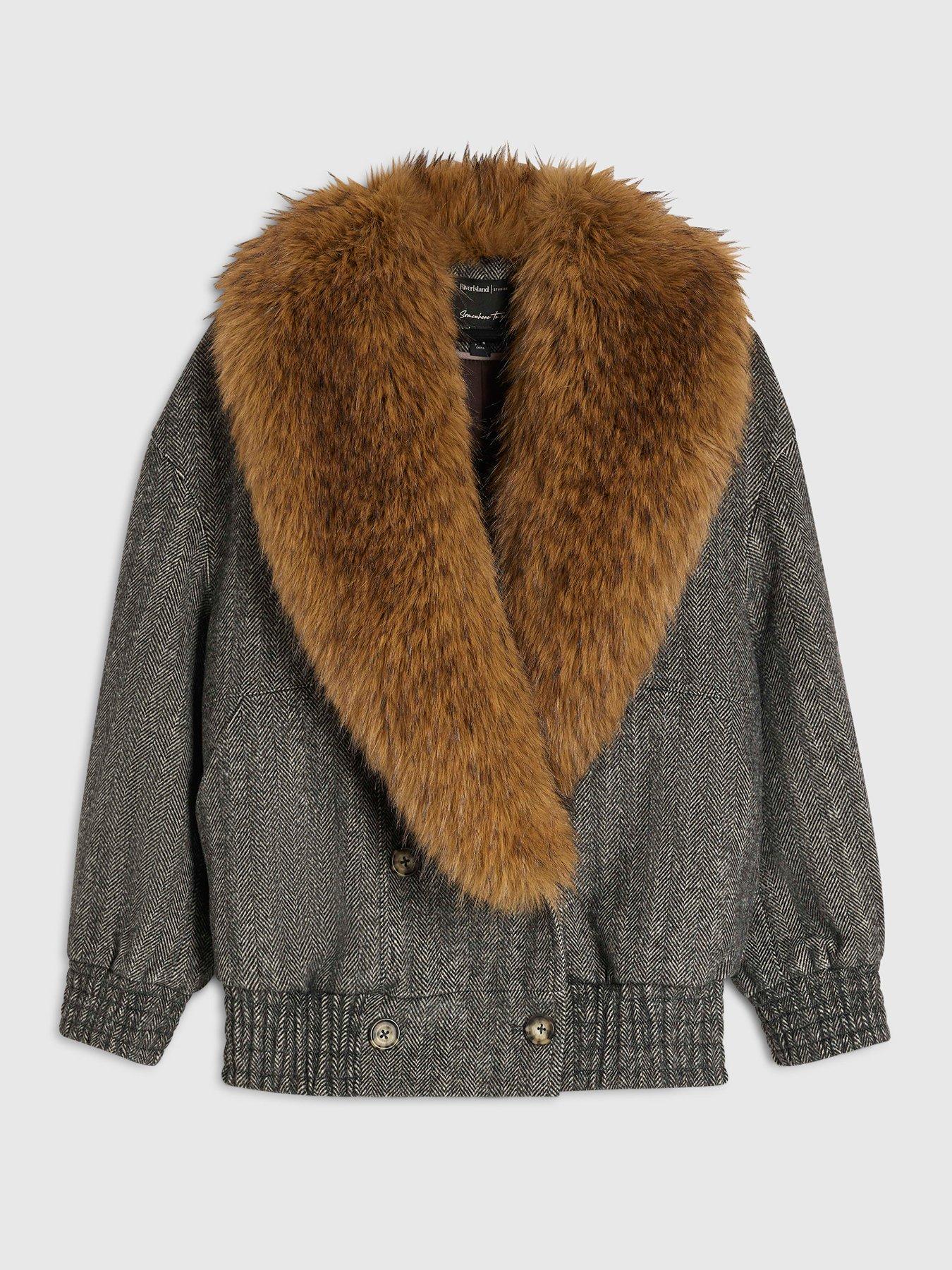 Image 6 of 6 of River Island Womens Faux Fur Collar Herringbone Coat - Grey