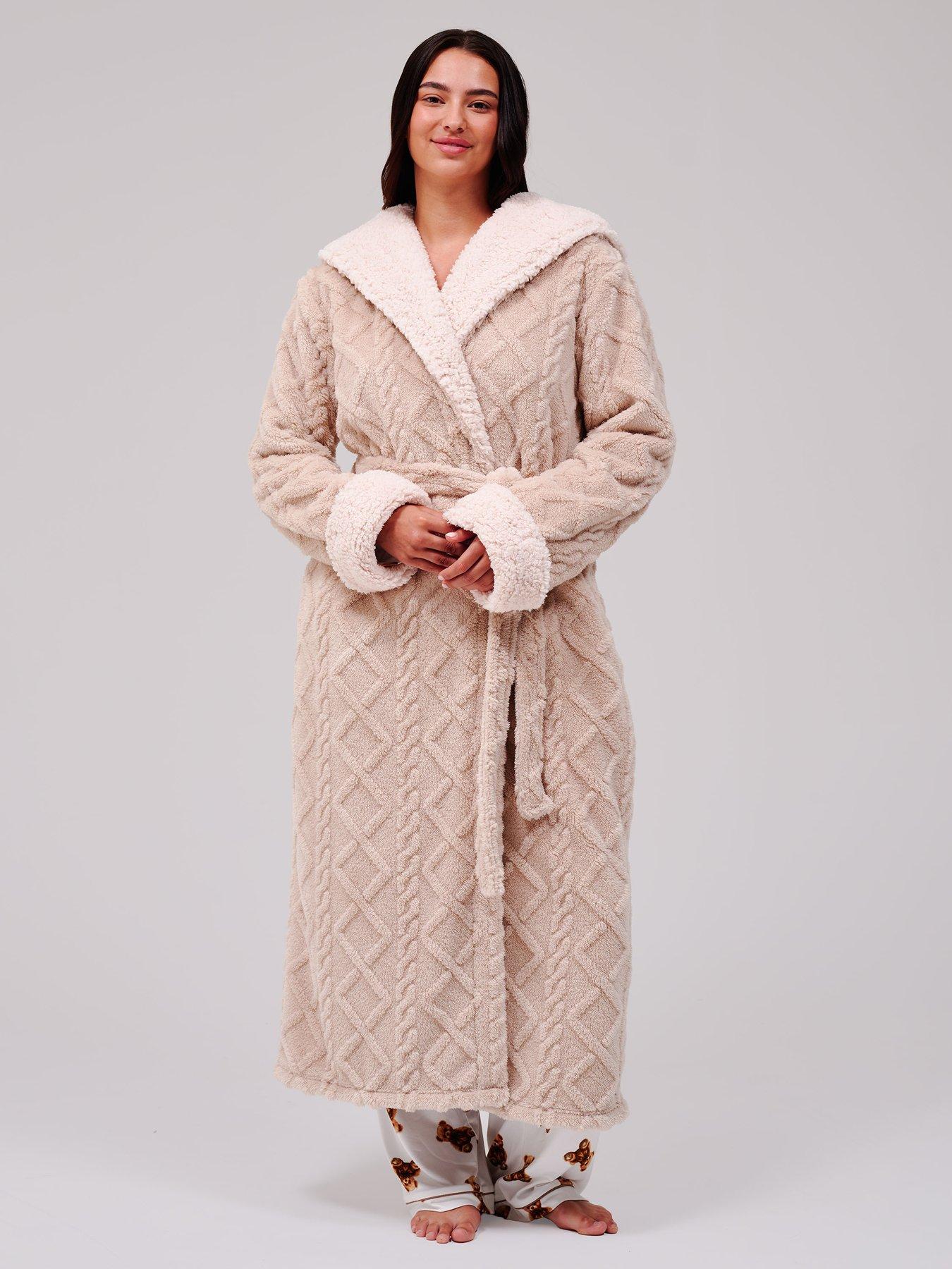 Image 1 of 6 of Loungeable Cable Cutwork Hooded Midi Dressing Gown - Beige