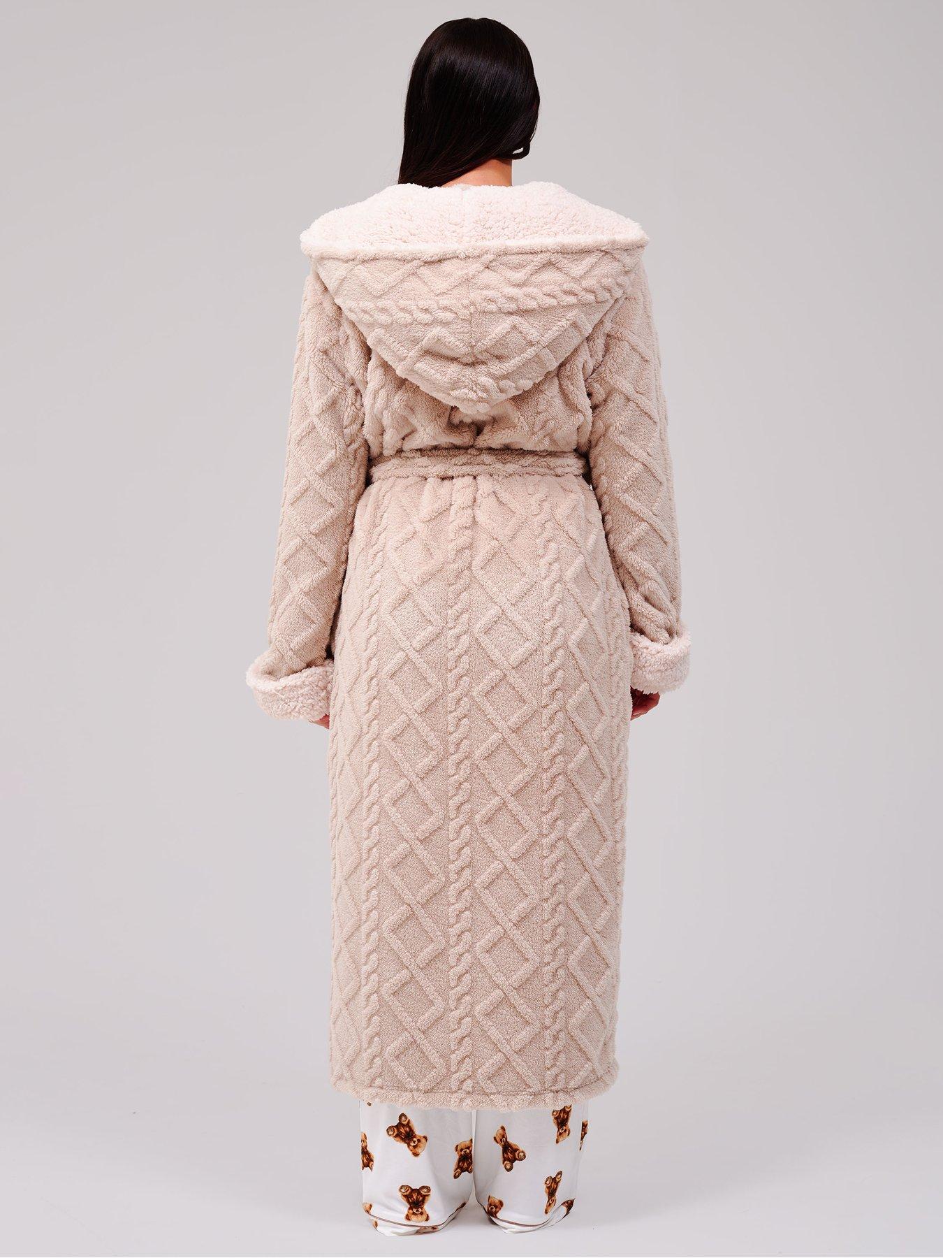 Image 2 of 6 of Loungeable Cable Cutwork Hooded Midi Dressing Gown - Beige