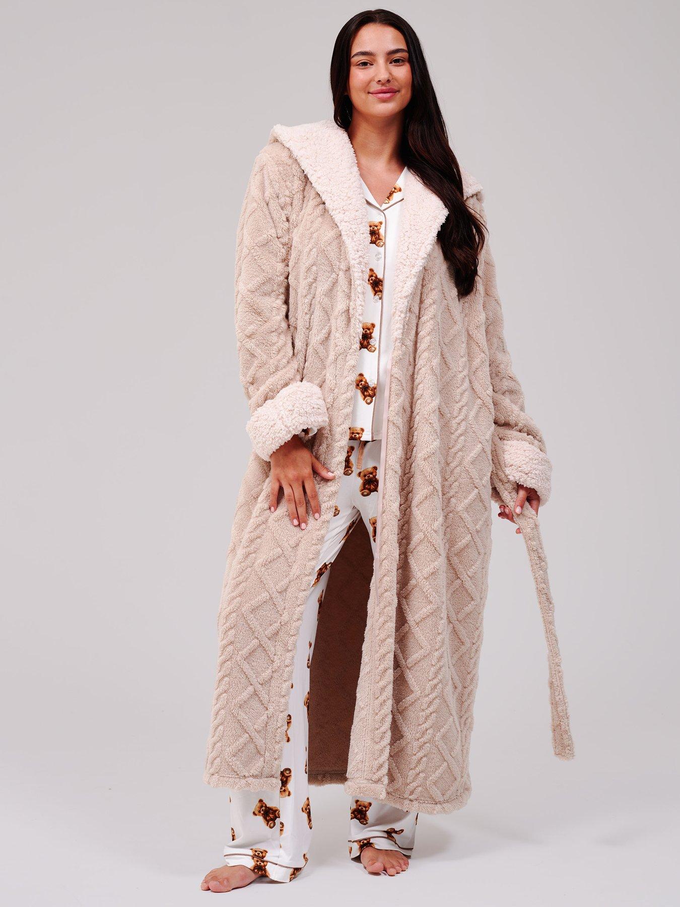 Image 3 of 6 of Loungeable Cable Cutwork Hooded Midi Dressing Gown - Beige