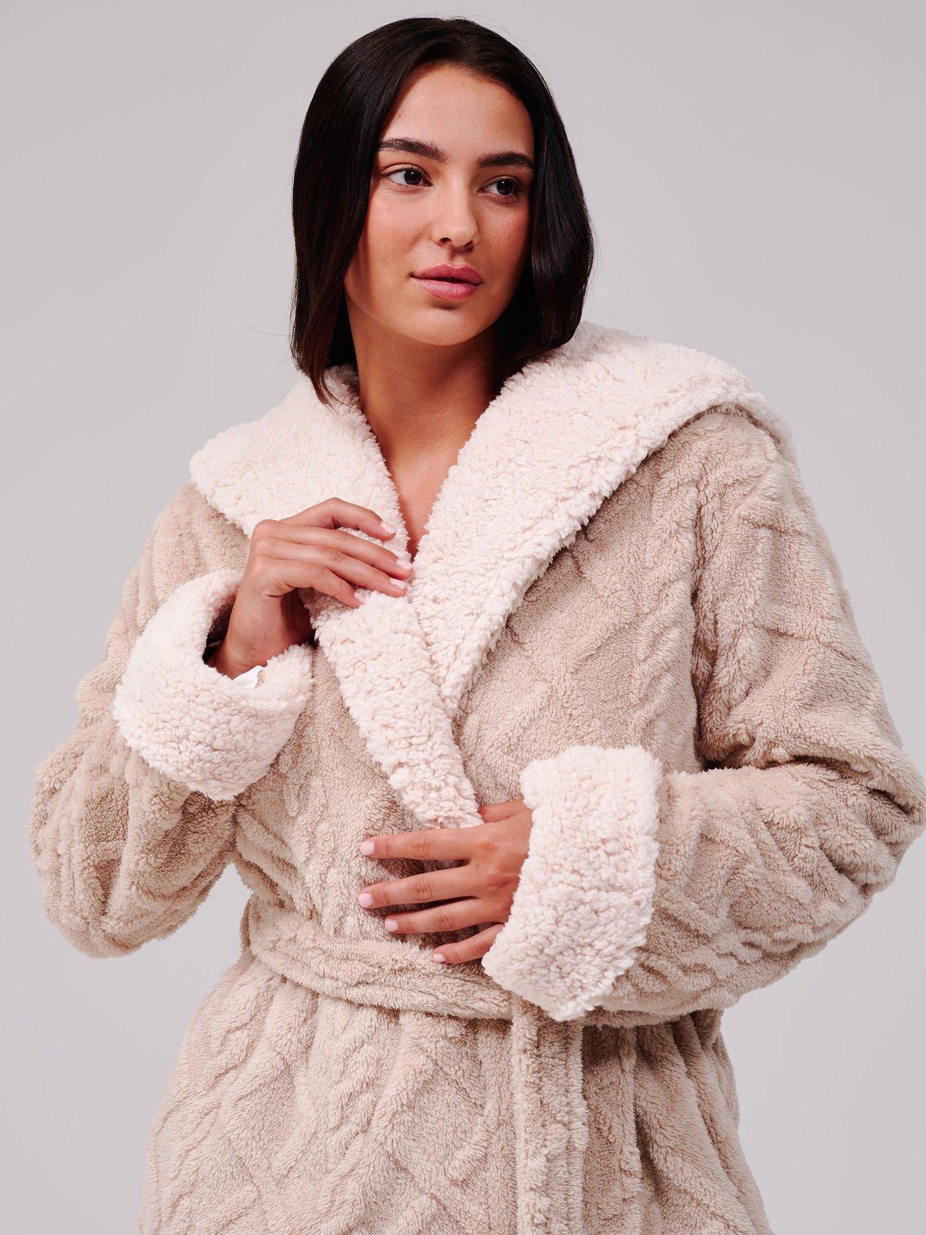 Image 4 of 6 of Loungeable Cable Cutwork Hooded Midi Dressing Gown - Beige